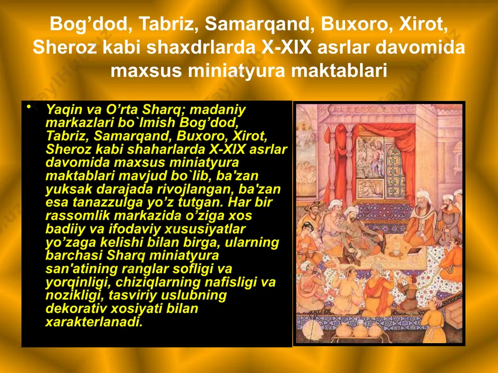 rasi xalil sultonning surati xam bor. muallif yoki bosh qaxromon «portreti» ichki kechinmalarini tasvirlovchi saxnalar suxbat mavzusi beriladigan bo`ldi. avliyolar payqambarni tasvirlash mavzulari cheklana bordi. jang, ov sa'nalari vasfiy mavzularga munosabat bir muncha o`zgaradi. mustakil peyzaj kompozisiyalari yo`qoladi. ko`p kishilik bazm manzaralari kam figurali sokiylar bilan almashinadi. yangi kompozision yechimlar, sxemalar paydo bo`ladi. keyingi davr qo`lyozmalarida miniatyuraning o`rta asr uslubiga pala-partish rioya qilishi va personajlarning tarkibiy xarakteristikasiga aloxida - aloxida urqu berish sezilib turiladi. o`rta osiyo miniatyuralarida kompozision ko`rilish va soddalik kashmircha uslubda ishlangan o`rta osiyo miniatyuralarida uning jixatlari kompozision ko`rilish me'moriy fon ifoda etiladi. ammo etnik tipik va koloritda muayan uzgarishlar mavjud. soddalik folklor rasmlar uning tabiiy rivoji va ichki buzilish jarayoni sezilgan klassik miniatyurani qayta qurilish natijasidir. image2.jpeg image3.jpeg image4.jpeg image5.png image6.jpeg image7.jpeg image8.png image9.jpeg image10.jpeg image11.jpeg image12.jpeg image13.jpeg image14.jpeg image15.jpeg image16.jpeg image17.jpeg image1.jpeg