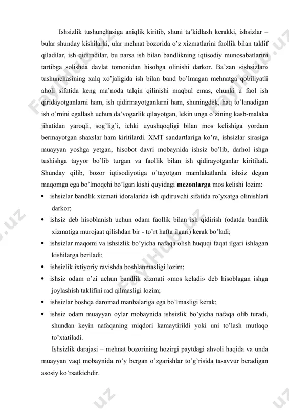 dam muayyan oylar mobaynida ishsizlik bo’yicha nafaqa olib turadi, shundan keyin nafaqaning miqdori kamaytirildi yoki uni to’lash mutlaqo to’xtatiladi. ishsizlik darajasi – mehnat bozorining hozirgi paytdagi ahvoli haqida va unda muayyan vaqt mobaynida ro’y bergan o’zgarishlar to’g’risida tasavvur beradigan asosiy ko’rsatkichdir. ishsizlik darajasi (n) davrning boshi (yoki oxiri)dagi ahvolga ko’ra tegishli sanada ishsizlik maqomiga ega bo’lgan kishilar sonining (i) ana shu sanadagi iqtisodiy faol aholi soniga (f) nisbati sifatida aniqlanadi: iqi/f*100% ishsizlik darajasi ko’pchilik mamlakatlarda iqtisodiyotni rivojlantirishning eng muhim ijtimoiy omillaridan biri sifatida qaraladi. 2. ishsizlikning sabablari va turlari iqtisodchi olimlar o’rtasida ommaviy ishsizlikning haqiqiy sabablari qandayligi to’g’risida turlicha qarshiliklar mavjud. ma’lumki, j.m.keyns «…ishsizlikning davosi sifatida ish haqini pasaytirish g’oyasini qat’iy inkor etib, o’ziga investisiyalar, davlat xarajatlari va sof eksportdan tashqarii iste’mol xarajatlarini – bunda ham so’nggi – umumiy talabning asosiy qismini ham qamrab oladigan umumiy talabdan kelib chiqadi». fikrimizcha, o’zbekistonda ishsizlikning paydo bo’lishi va o’sish tarixi aynan keyns qarashlarining …