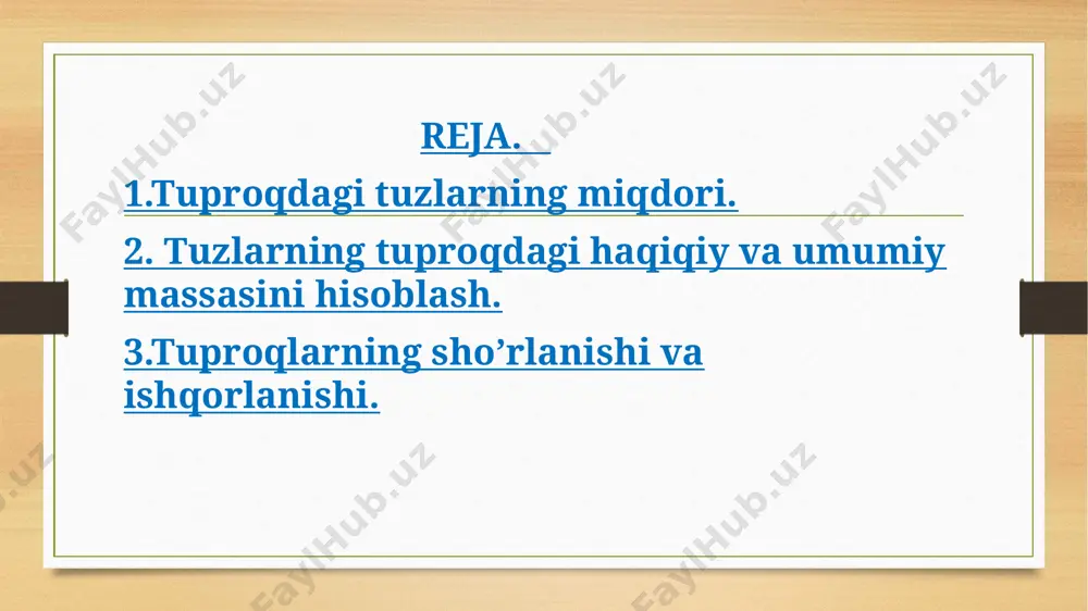 l).tuproq tarkibidagi tuzlarning haqiqiy foyiz miqdorini hisoblab chiqish uchun namuna olingan tuproq chuqurligini shu chuqurlik-dagi tuz miqdoriga ko‘paytiriladi va umumiy chiqqan sonini jam-lab, namuna olingan tuproq chuqurliklarining yig‘indisiga bo‘lina-di, ya’ni:bu yerda:λ- qatlamdagi tuz miqdori, %, h - qatlam qalinligi, sm yuqoridagi jadval ma’lumotlari asosida tuproq tarkibidagi tuzlarni o‘rtacha haqiqiy miqdorini aniqlashni ko‘rib chiqamiz.demak, aniqlash jarayonida tuproqdagi tuzlarning o‘rtacha haqiqiy miqdori quruq qoldiq bo‘yicha 0,607 ga xlor ioni bo‘yicha 0,044% teng bo‘lgan. o‘rtacha arifmetik miqdori esa 0,746% va 0,056% edi (20 jadval). sho'rlangan tuproqlarga o'simliklar uchun zararli miqdorda mineral tuzlar mavjud bo'lgan tuproqlar kiradi. qishloq xo'jaligi ekinlarining ezilishi profildagi tuz miqdori tuproq massasining 0,25% dan ortiq bo'lganda boshlanadi. sho'rlangan tuproqlar uzluksiz taqsimlanishga ega emas, lekin asosiy tuproq turlari orasida alohida joylarda topilib, ikkinchisi bilan komplekslar hosil qiladi. ular barcha zonalarda keng tarqalgan, lekin aksariyati qozog'istonda. markaziy osiyo, g'arbiy sibir, o'rta va quyi volga bo'yi, ukraina janubida. sho'rlangan tuproq hosil bo'lishi er …