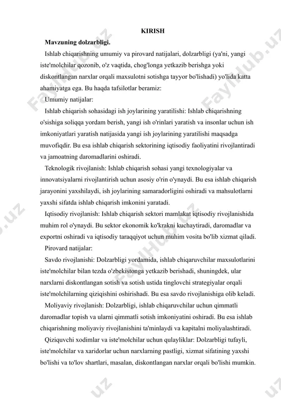 shning moliyaviy rivojlanishini ta'minlaydi va kapitalni moliyalashtiradi. qiziquvchi xodimlar va iste'molchilar uchun qulayliklar: dolzarbligi tufayli, iste'molchilar va xaridorlar uchun narxlarning pastligi, xizmat sifatining yaxshi bo'lishi va to'lov shartlari, masalan, diskontlangan narxlar orqali bo'lishi mumkin. bu esa iste'molchilar uchun qulayliklar va qiziquvchi shartlar yaratishga yordam beradi. dolzarbligi, ishlab chiqarish sohasining rivojlanishida katta ro'lni o'ynaydi, savdo rivojlanishini oshiradi va iste'molchilar uchun qulayliklar yaratadi. tadqiqot obyekti va predmeti. ushbu tadqiqotda ishlab chiqarishning umumiy va pirovard haqida ularning yalpi, oraliq, qo'shilgan va sof maxsulotlar. zaruriy va qo'shimcha maxsulot. ishlab chiqarish natijalari va ko'rsatgichlari haqida. tadqiqotning nazariy va amaliy ahamiyati. ishlab chiqarishning umumiy va pirovard natijalari, nazariy va amaliy ko'rsatkichlarda katta ahamiyatga ega. bu natijalar moliyaviy, ijtimoiy, siyosiy, va texnologik sohalarda turli taraflar uchun muhimdir. nazariy ahamiyati: moliyaviy rivojlanish: ishlab chiqarish, mamlakatning moliyaviy rivojlanishi uchun katta muhim ahamiyatga ega. bu sektor daromadlar yaratadi, ish joylarining yaratilishiga olib keladi, investitsiyalar va kapitalni moliyalashtiradi. ijtimoiy maslahatlar va …