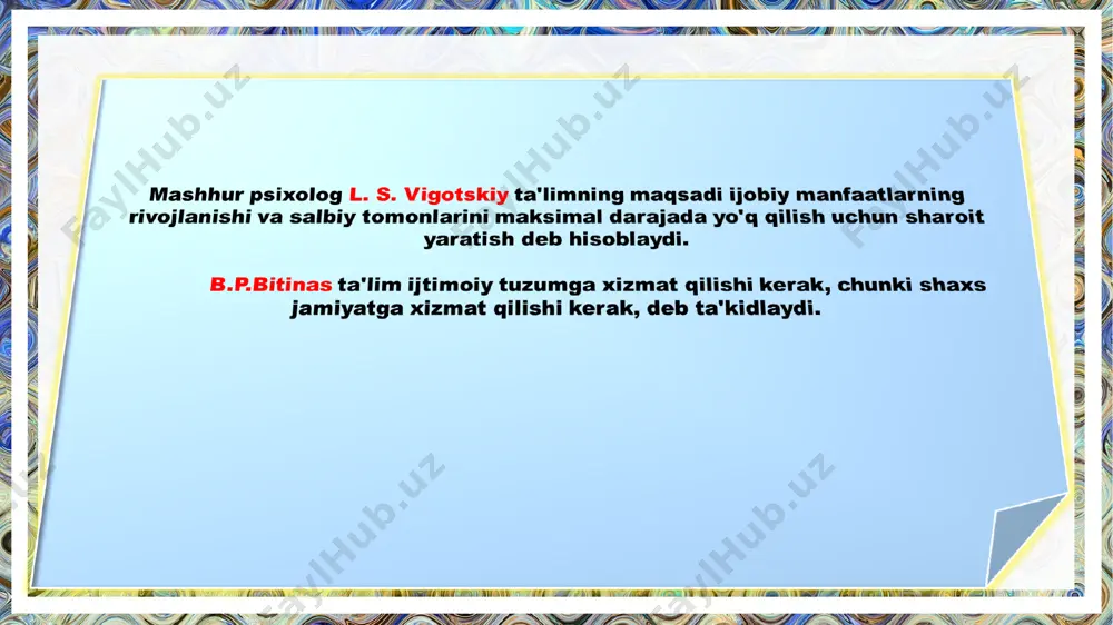 dars 3 4 “uzluksiz ta’lim” konsepsiyasi birinchi marta yuneskoning 1965 yildagi forumida taniqli nazariyotchi p. langrand tomonidan o‘rtaga tashlangan va natijada o‘tgan asrning 60 yillari oxiriga kelib mazkur ibora ilmiy tahlilning maxsus predmetiga aylandi uzluksiz ta’lim tizimining rivojlanishi, uning o‘ziga xos xususiyatlarini ilmiy jihatdan tadqiq etishga sezilarli darajada hissa qo‘shgan mdh olimlaridan s.g.vershlovsiy, n.v.vasilenko, s.m. vishnyakova, v.i.ilina, o.m. nikandrov, v.i. podobeda va boshqalarning nomlarini keltirib o‘tish mumkin. respublikamiz konstitutsiyasining 41-moddasida ta’kidlaganidek, respublikamizda yashovchi barcha fuqarolar jinsi, irqi, millati, tili, dini, ijtimoiy kelib chiqishi, e’tiqodi, shaxsi va ijtimoiy mavqeidan qat’iy nazar bilim olish huquqiga ega. shuningdek, bepul umumiy ta’lim olishi davlat tomonidan kafolatlangandir. ta’lim sohasidagi asosiy prinsiplar quyidagilardan iborat: ta’lim ustuvorligining tan olinishi; ta’lim olish shaklini tanlash erkinligi; ta’lim sohasida kamsitishlarga yo‘l qo‘yilmasligi; ta’lim olishga doir teng imkoniyatlarning ta’minlanishi; ta’limning uzluksizligi va izchilligi; olti yoshdan yetti yoshgacha bo‘lgan bolalarni bir yil davomida umumiy o‘rta ta’limga tayyorlashning majburiyligi; o‘quv dasturlarini tanlashga doir …
