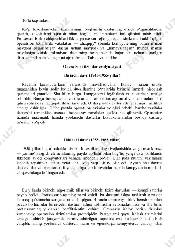 algoritmik tillar va birinchi tizim dasturlari — kompilyatorlar paydo boʻldi. protsessor vaqtining narxi oshdi, bu dasturni ishga tushirish oʻrtasida kamroq qoʻshimcha xarajatlarni talab qilgan. birinchi ommaviy ishlov berish tizimlari paydo boʻldi, ular birin-ketin dasturni ishga tushirishni avtomatlashtirdi va shu bilan protsessorning yuklanish koeffitsientini oshirdi. ommaviy ishlov berish tizimlari zamonaviy operatsion tizimlarning prototipidir. partiyalarni qayta ishlash tizimlarini amalga oshirish jarayonida rasmiylashtirilgan topshiriqlarni boshqarish tili ishlab chiqildi, uning yordamida dasturchi tizim va operatorga kompyuterda qanday ishni bajarishni xohlashini aytdi. odatda perfokartalar palubasi koʻrinishidagi bir nechta vazifalar toʻplami topshiriqlar paketi nomini oldi. uchinchi davr (1965-1980-yillar) kompyuterlar rivojlanishining uchinchi muhim davri 1965-1980-yillarga toʻgʻri keladi. bu vaqtda texnik bazada tranzistorlar kabi alohida yarimoʻtkazgichli elementlardan integral mikrosxemalarga oʻtish sodir boʻldi, bu esa yangi, uchinchi avlod ehmlariga ancha keng imkoniyatlar berdi. bu davr, shuningdek, dasturiy taʼminotga mos keladigan mashinalar oilalarini yaratish bilan tavsiflanadi. integral mikrosxemalarga asoslangan dasturiy taʼminotga mos keladigan mashinalarning birinchi oilasi ibm/360 seriyali mashinalar ishlab …