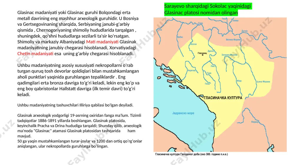 -1500 yillar) glasinac ii - o'rta bronza yoki proto-illiriya davri (miloddan avvalgi 1450-1300 yillar) glasinak iii – so’nggi bronza yoki erta illiriya davri (miloddan avvalgi 1300-800 yillar) glasinak iv - hallstatt davri (miloddan avvalgi 800-500 yillar) glasinac v – lotin davri (miloddan avvalgi 500-200 yillar) glasinacki platosidagi eng qadimgi aholi punkti eneolitda paydo bo'lgan . keyingi davr - ilk bronza davri (glasinac i), bu davrda aholi turli xil, soni jihatidan ancha kam bo'lgan ko'chmanchi chorvadorlardan iborat edi. bu davr bilan bir necha mustahkamlangan turar-joylar (gradac, gradina), shuningdek, skeletlari topilgan qabristonlar bilan bog'liq. inventar sopol buyumlar , bronza xanjarlar, tosh jangovar boltalardan iborat. xorvatiyadan cetinje madaniyati va serbiyadan bila tserkva madaniyatining ta'siri sezilarli. o'rta bronza davrida (glasinac ii) aholi oz bo'lib qoldi, bu skelet qoldiqlari bo'lgan 20 tepalikni o'z ichiga oladi. dafn qabrlarida - bronza taqinchoqlar, ignalar, marjonlarni va baliqdan naqshli bilaguzuklar. ilk va o'rta bronza davrining dafnlarida metall buyumlar soni …