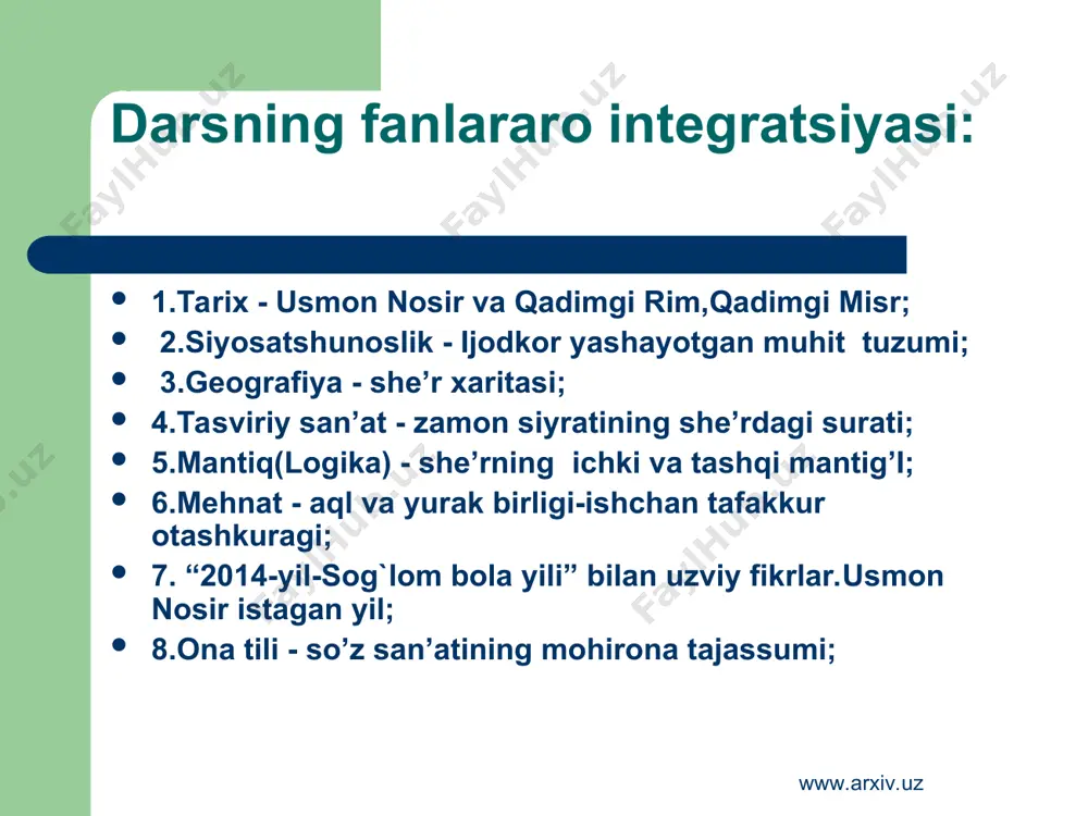 r guruhlar bo’yicha yig’iladi(5 daqiqa). o’quvchilar namuna asosida ma’lumotlar omborini to’ldiradilar. www.arxiv.uz www.arxiv.uz guruhlarga ishlash uchun namunalar: www.arxiv.uz i guruh ii guruh iii guruh iv guruh v guruh vi guruh o’yib olib ko’zining oyin sariq qumlar orasidan qon rangli quyosh ko’zyoshidan diltoshidan qurilgan haykal avval bahor osmonidek yig’lar gado rim rim- o’yindan o’lim kutgan jinni teatr! ki,tun qancha qora bo’lsa,oy shuncha yorug’ ! www.arxiv.uz “mani aldab ko’ring” bahs-o’yini: yo’lg’on,rost aralash ma’lumotlar o’qiladi.o’quvchilar ularni o’z ko’rsatkichlari yordamida aniqlab beriladi. www.arxiv.uz www.arxiv.uz uyga vazifa. “nil va rim”she’rining “savol va topshiriqlari”ga javob yozib kelish. qo’shimcha ball uchun: she’rni biror chet tiliga tarjima qilish. www.arxiv.uz www.arxiv.uz ishtirokingiz uchun minnatdormiz !!! www.arxiv.uz www.arxiv.uz *