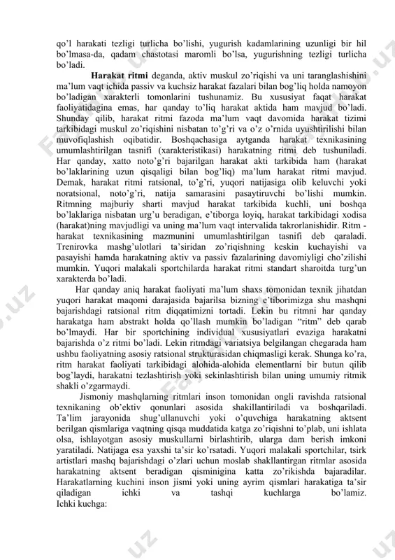 katning amplitudasi qadamning uzunligi (75sm) yoki shartli belgisiga qarab, yarim, to’la o’tirish va boshqalar orqali aniqlanadi. odam tanasining ayrim qismlarining amplitudasi o’sha tananing bo’g’inlari elastikligiga bog’liq bo’ladi. harakatlar aktiv va passiv mushak qisqarishida ro’y beradi. sport trenirovkasida, turmush sharoitida bo’ladigan ishlar harakatning amplitudasiga bog’liq. katta qo’zg’alish uchun moslashtirilmagan muskulni katta amplitudada harakat qilishga majbur qilish shikastlanishga olib keladi. agarda harakatning amplitudasi qo’yilgan vazifa talablariga javob bermasa, bunday harakatlar aniq harakatlar sifatida namoyon bo’la olmaydi. harakatlar bir-biridan ajralish vaqtlariga ko’ra ham tavsiflanadi. harakatning tezligi deb inson jismining yoki uning ayrim a’zosining ma’lum vaqt birligi ichida fazoda o’rin almashishi tushuniladi. boshqachasiga - tezlik yo’l uzunpigini tananing yoki uning ma’lum qismini shu yo’lni bosib o’tish uchun sarflangan vaqtga nisbati bilan o’lchanadi. tezlikni aniqlashda metr - sekunddan foydalaniladi. yo’lning hamma nuqtalarida harakat tezligi bir hil bo’lsa, bu harakat maromli tekis harakat, yo’lning ayrim nuqtalarida tezlik har xil bo’lsa, bu harakat maramsiz notekis harakat, deb …