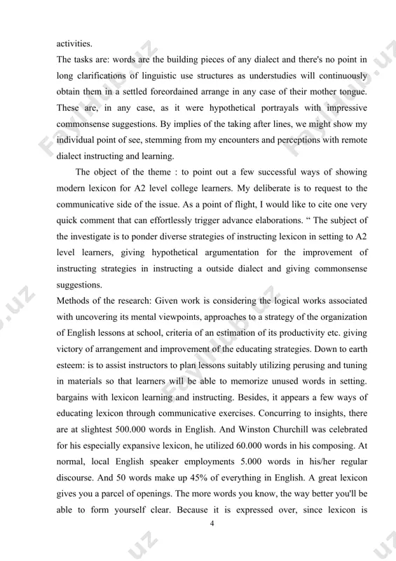 ry quick comment that can effortlessly trigger advance elaborations. “ the subject of the investigate is to ponder diverse strategies of instructing lexicon in setting to a2 level learners, giving hypothetical argumentation for the improvement of instructing strategies in instructing a outside dialect and giving commonsense suggestions. methods of the research: given work is considering the logical works associated with uncovering its mental viewpoints, approaches to a strategy of the organization of english lessons at school, criteria of an estimation of its productivity etc. giving victory of arrangement and improvement of the educating strategies. down to earth esteem: is to assist instructors to plan lessons suitably utilizing perusing and tuning in materials so that learners will be able to memorize unused words in setting. bargains with lexicon learning and instructing. besides, it appears a few ways of educating lexicon through communicative exercises. concurring to insights, there are at slightest 500.000 …