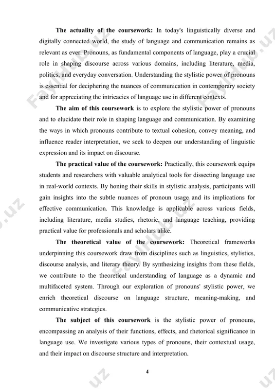 and power relations within discourse. 4. compare and contrast pronoun usage across different genres, registers, and cultural contexts. 5. explore the implications of pronoun variation (e.g., gender-neutral pronouns) for language representation and social change. 6. conduct empirical research to assess the impact of pronoun usage on reader perception and textual interpretation. the structure of the research consists of: this work consists of an introduction, two chapters, a conclusion and a list of references. chapter i. introduction to pronouns and stylistic analysis 1.1 definition and function of pronouns pronouns are the unsung heroes of language, often overlooked but essential for effective communication. in this section, we delve into the definition and function of pronouns, laying the groundwork for our exploration of their stylistic power. definition of pronouns: at their core, pronouns are words that stand in for nouns, representing individuals, objects, or concepts without needing to repeat them. from the ubiquitous …