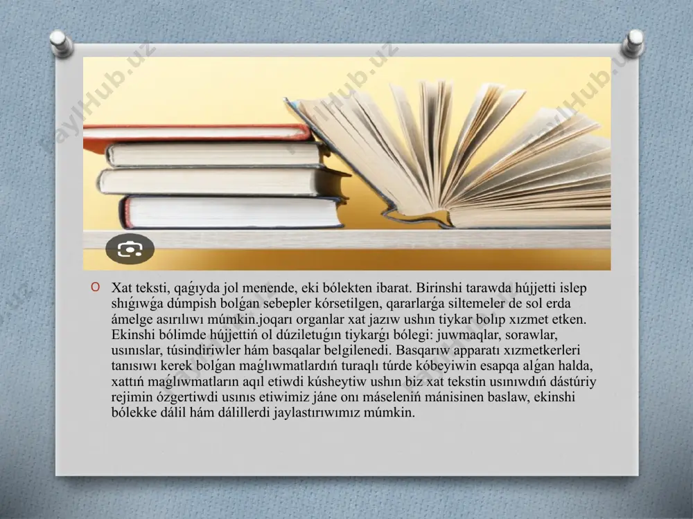 dı. informaciya xatlarınıń kólemi ápiwayı maǵlıwmattı kórinisinde bolıp, bir sóz benenn tap bir neshe betge shekem bolıwı múmkin.geyde informaciya xatlardan ayırım shólkemler óz iskerligin targ'ib qılıw maqsetinde de paydalanıladı.bul xatlarda referent yamasa xatkerdiń qolı jetkilikli. biraq, xatda bayanlainayotgan waqıya yamasa ilajdıń áhmiyetine qaray, xat tiyisli lawazımlı shaxs tárepinen imzolanishi da múmkin. axbarat xati mektep sabaqlaiqlari menen taminlew haqqinda oqıtıwshı” baspa-koncern dóretiwshilik úyi oquvchilar ushın ózbek tilinde tómendegi sabaqlıqlardı shıǵarılǵanın sizge xabar beredi: iltmas xati. mákemeler málim bir jumıstı ámelge asırıw yamasa tamamlaw maqsetinde basqa mákemelerge rásmiy xat arqalı ótinish etiwi múmkin. mákemeler arasındaǵı bunday óz-ara jazıwmalar ótinish xat jardeminde ámelge asıriladı. ótinish xat xızmet xatları arasında eń kóp tarqalǵan túrlerden biri esaplanadı. bunday xatlar hám taǵı basqa xatlar sıyaqlı mákemelerdiń tán jumıs qaǵazına jazıladı hám jo'natilish sánesi hám posılka tártip nomeri kórsetiledi. bunday xatlardıń eń ápiwayı kórinisi jeke hám jámiyetlik arzalarına uqsas boladı. paydalanilǵan adebiyatlar. 1.dawletov m.hazirgi qaraqalpaq tili. 2.zakiev …
