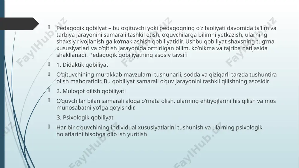 satkichi sifatida qabul qilinadi. ota-onalar va atrofdagilarning baholarni talqin qilish usullari o‘quvchining motivatsiyasi va psixologiyasiga ta’sir qiladi. 2. ijtimoiy bosim yuqori baho olishga bo‘lgan bosim o‘quvchining stressini oshirishi mumkin. past baholar esa o‘quvchilarda o‘ziga bo‘lgan ishonchning kamayishiga olib keladi. 3. jamoaviy ta’sir baholash o‘quvchining sinfdagi obro‘siga va boshqa o‘quvchilar bilan munosabatlariga ta’sir qiladi. yaxshi baho olgan o‘quvchilar jamoada ijobiy qabul qilinsa, past baho olganlar masxara yoki ajratilish xavfiga duch kelishi mumkin. 4. baholash va o‘z-o‘zini baholash o‘quvchilar baholar asosida o‘zlarini va o‘z qobiliyatlarini baholaydilar. bu jarayon noto‘g‘ri yoki noxolis baholash orqali salbiy psixologik oqibatlarga olib kelishi mumkin. 5. pedagogning pedagogning o‘quvchilarga nisbatan munosabati va baholashdagi adolatli yondashuvi motivatsiyani shakllantirishda muhim ahamiyatga ega. sub’ektivlik yoki tarafkashlik o‘quvchilarning ishonchini yo‘qotishiga olib kelishi mumkin. xulosa: pedagogik baholashning ijtimoiy-psixologik ko‘rinishi ta’lim jarayonida o‘quvchilarning motivatsiyasi, o‘ziga bo‘lgan ishonchi va jamoaviy munosabatlarni shakllantirishda muhim rol o‘ynaydi. ushbu jarayonni to‘g‘ri tashkil etish o‘quvchilarning psixologik salomatligini saqlash va …