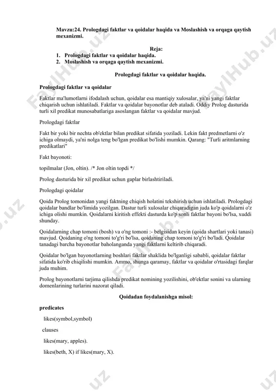 kat bo'lishi mumkin. qarang: "turli aritmlarning predikatlari" fakt bayonoti: topilmalar (jon, oltin). /* jon oltin topdi */ prolog dasturida bir xil predikat uchun gaplar birlashtiriladi. prologdagi qoidalar qoida prolog tomonidan yangi faktning chiqish holatini tekshirish uchun ishlatiladi. prologdagi qoidalar bandlar bo'limida yozilgan. dastur turli xulosalar chiqaradigan juda ko'p qoidalarni o'z ichiga olishi mumkin. qoidalarni kiritish effekti dasturda ko'p sonli faktlar bayoni bo'lsa, xuddi shunday. qoidalarning chap tomoni (bosh) va o'ng tomoni :- belgisidan keyin (qoida shartlari yoki tanasi) mavjud. qoidaning o'ng tomoni to'g'ri bo'lsa, qoidaning chap tomoni to'g'ri bo'ladi. qoidalar tanadagi barcha bayonotlar baholanganda yangi faktlarni keltirib chiqaradi. qoidalar bo'lgan bayonotlarning boshlari faktlar shaklida bo'lganligi sababli, qoidalar faktlar sifatida ko'rib chiqilishi mumkin. ammo, shunga qaramay, faktlar va qoidalar o'rtasidagi farqlar juda muhim. prolog bayonotlarni tarjima qilishda predikat nomining yozilishini, ob'ektlar sonini va ularning domenlarining turlarini nazorat qiladi. qoidadan foydalanishga misol: predicates likes(symbol,symbol) clauses likes(mary, apples). likes(beth, x) if likes(mary, x). …