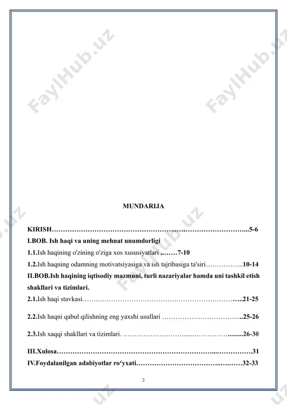 tanasi maqsad birch ta'tilga berishi. i.bob. ish haqi va uning mehnat unumdorligi 1.1.ish haqining o'zining o'ziga xos xususiyatlar ish haqi — mehnatga pul shaklida toʻlanadigan haq; qiymatning oʻzgargan shakli, ish kuchi (taqdim etilgan mehnat xizmati)ning bahosi.[1] ish kuchi qiymati va narxi bevosita ish haqida ifodalanadi. ish haqi darajasi mehnat bozorida kelishiladi. xodim mehnat bozorida mehnatni emas, oʻz ish kuchini sotadi. ish haqi mehnatning pul shaklidagi bahosi boʻlib, uni ishga yollovchilar (korxona, muassasa, tadbirkor) mehnat qiluvchilarga maʼlum vaqt mobaynida maʼlum miqdordagi va muayyan sifatli ishni bajarganliklari uchun toʻlaydilar. yollanma xodim uchun ish haqi asosiy daromadi manbai hisoblanadi. ish haqi — yollanma xodim daromadining asosiy manbai, unga tegishli ish qobiliyatiga boʻlgan mulkchilik huquqini iqtisodiy jihatdan roʻyobga chiqarish shakli. shu bilan birga ish beruvchi uchun yollanma xodimlar mehnatiga toʻlanadigan haq ishlab chiqarish harajatlarining unsurlaridan biri. ish beruvchi mehnat resurslaridan ishlab chiqarish omillaridan biri sifatida foydalanish uchun uni xarid qiladi. ish haqi va mehnat …