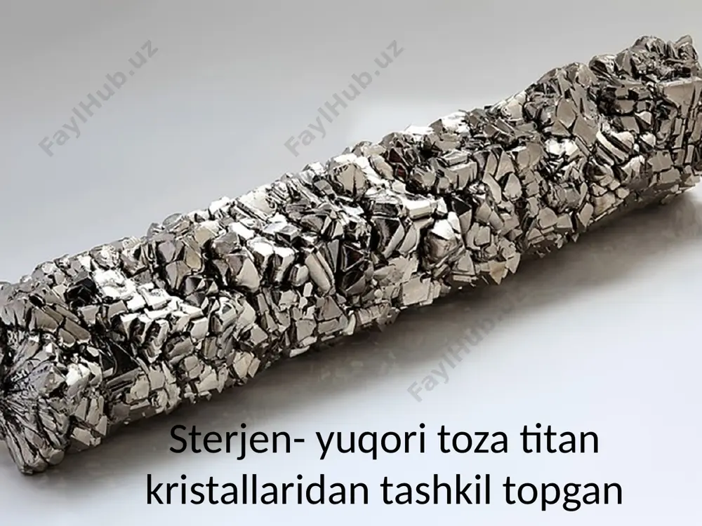 n darajada qo'llaniladi. jahon amaliyotida titandan yasalgan birinchi monumental quyma haykal moskvadagi yuriy gagarin nomidagi maydondagi haykali hisoblanadi. titan ko'plab qotishma po'latlarda va ko'pgina maxsus qotishmalarda qotishma qo'shimcha hisoblanadi, masalan, relslar va vagon g'ildiraklarining o'qlari qotishmalardan tayyorlanishi mumkin: k76t, m76t, e76t nitinol (nikel-titan) tibbiyot va texnologiyada ishlatiladigan shakl xotirasi qotishmasi. titan aluminidlari oksidlanishga juda chidamli va issiqlikka chidamli bo'lib, bu o'z navbatida ularning aviatsiya va avtomobilsozlikda konstruktiv materiallar sifatida ishlatilishini aniqladi. titanium yuqori vakuumli nasoslarda ishlatiladigan eng keng tarqalgan oluvchi materiallardan biridir. image1.jpeg image2.png image3.png image4.jpeg image5.jpeg image6.jpeg image7.jpeg image8.png image9.png image10.png image11.png image12.png image13.jpeg image14.jpeg image15.jpeg image16.png image17.png
