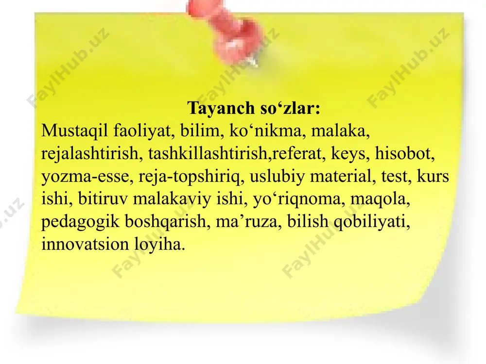 gi kunda ta’lim tizimida olib borilayotgan islohotlar o‘zbekiston respublikasida oliy ta’limni tizimli isloh qilishning ustuvor yo‘nalishlarini belgilash, zamonaviy bilim va yuksak ma’naviy-axloqiy fazilatlarga ega, mustaqil fikrlaydigan yuqori malakali kadrlar tayyorlash jarayonini sifat jihatidan yangi bosqichga ko‘tarish, oliy ta’limni modernizatsiya qilish, ilg‘or ta’lim texnologiyalariga asoslangan holda ijtimoiy soha va iqtisodiyot tarmoqlarini rivojlantirish borasida katta ishlar olib borilmoqda. jumladan, o‘zbekiston respublikasi oliy ta’lim tizimini 2030 yilgacha rivojlantirish konsepsiyasining “oliy ta’lim tizimini rivojlantirishning strategik maqsadlari va ustuvor yo‘nalishlari” deb nomlangan 3-bobining “oliy ta’lim bilan qamrovni kengaytirish, oliy ma’lumotli mutaxassislar tayyorlash sifatini oshirish” deb nomlangan 1-§ da “mustaqil ta’lim soatlari ulushini oshirish, talabalarda mustaqil ta’lim olish, tanqidiy va ijodiy fikrlash, tizimli tahlil qilish, tadbirkorlik ko‘nikmalarini shakllantirish, o‘quv jarayonida kompetensiyalarni kuchaytirishga qaratilgan metodika va texnologiyalarni joriy etish, o‘quv jarayonini amaliy ko‘nikmalarni shakllantirishga yo‘naltirish, bu borada o‘quv jarayoniga xalqaro ta’lim standartlariga asoslangan ilg‘or pedagogik texnologiyalar, o‘quv dasturlari va o‘quv-uslubiy materiallarni keng joriy etish” masalalarida ta’lim oluvchilarning …