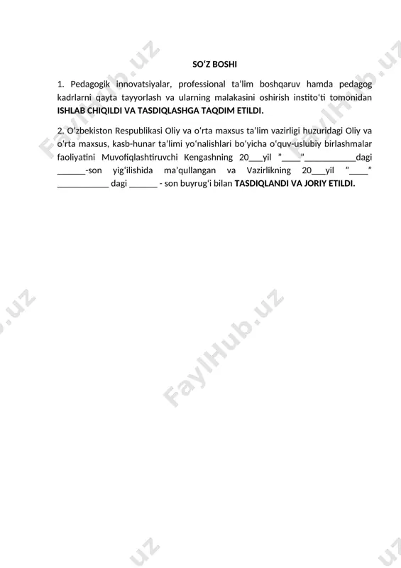 o‘zlashtirishga qo‘yilgan talablar va bitiruvchilarni baholash.................. 25 1. qo‘llanilish sohasi mazkur malaka talabi avtomobillarga gaz ballonlarni o‘rnatish kasbi bo‘yicha kadrlar tayyorlashning zaruriy bilimlar mazmuni va kasbiy kompetensiyasiga qo‘yiladigan talablarni va pirovard maqsadlarini, shuningdek, ta’lim oluvchilarning o‘quv yuklamalari hajmi va standart talablarini bajarilishi nazoratini belgilaydi. malaka talabi ta’lim oluvchilarning kasbiy tayyorgarligi sifati va kasbiy kompetensiyasini baholashda hamda ta’lim muassasalarini attestatsiyadan o‘tkazishda asosiy mezon hisoblanadi. mazkur talablarning bajarilishi professional ta’lim muassasalarining bitiruvchilariga professional ta’limning tegishli darajasini olganligi to‘g‘risida davlat namunasidagi hujjat berilishi uchun asos hisoblanadi. malaka talabi ta’limni boshqarish davlat organlari va ta’lim faoliyati subyektlari tomonidan, idoraviy bo‘ysunuvi hamda mulkchilik shakllaridan qat’iy nazar, tadbiq etilishi majburiydir. ushbu malaka talabi 40711402-avtomobillarga gaz ballonlarni o‘rnatish va “b” yoki “bc” toifali avtomobil haydovchisi (yuk avtomobillari uchun h04.169.0845/b-20-son va yengil avtomobillari uchun h04.169.0846/b-20-son) kasblarining tasdiqlangan kasbiy standart asosida ishlab chiqildi. 2. kasbiy ta’lim xususiyati 2.1. 40711402-avtomobillarga gaz ballonlarni o‘rnatish kasbi doirasida beriladigan kvalifikatsiyalar: 1. gaz ballonlarni …