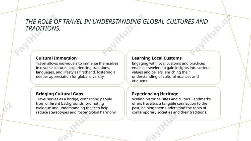 izenship. empathy through exposure global citizenship awareness cultural appreciation traveling to diverse cultures allows individuals to witness different lifestyles, fostering empathy by understanding others' perspectives and challenges firsthand. travel enhances awareness of global issues, encouraging tourists to adopt a sense of responsibility and actively participate in initiatives that promote social justice and sustainability. engaging with local customs and traditions during travel nurtures an appreciation for cultural diversity, breaking down stereotypes and building respectful relationships across communities. uzbekistan's historical silk road: a tapestry of cultural exchange. 1 historical significance the silk road, flourishing from the 2nd century bce, was a pivotal trade route connecting east and west, facilitating cultural, economic, and technological exchanges. 2 cultural exchange uzbekistan, as a central hub, fostered interactions among diverse cultures, allowing the blending of traditions, languages, and religions, enriching its cultural tapestry. 3 modern impacts today, uzbekistan's silk road heritage promotes tourism and education, inviting …