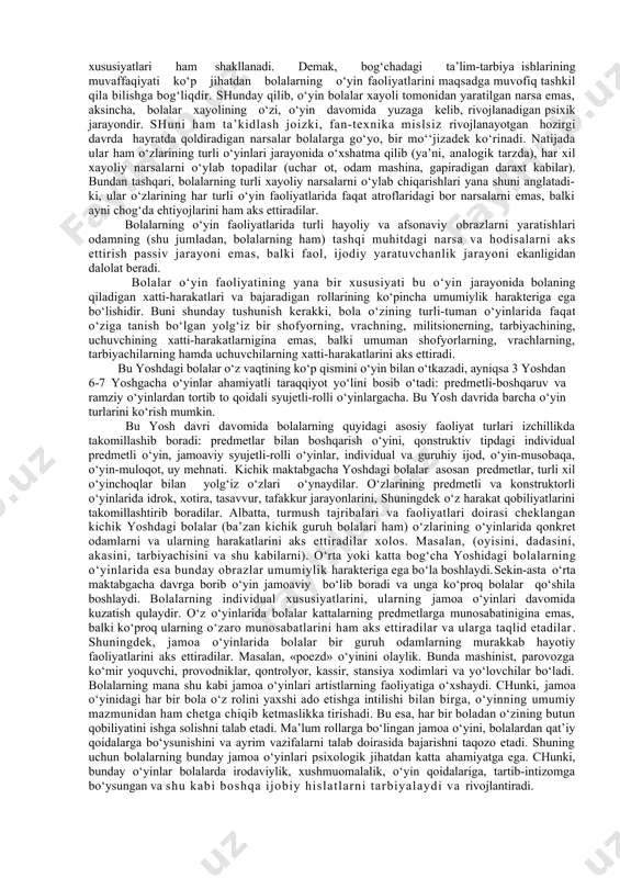 sixik hodisa desa bo‘ladi. bolaning kamol topishida qiziqishning ahamiyati shundaki, bola qiziqqan narsasini mumkin qadar chuqurroq bilishga intiladi va uzoq vaqt davomida qiziqqan narsasi bilan shug‘ullanishdan zerikmaydi. bu esa o‘z navbatida bolaning diqqati hamda irodasi kabi muhim xislatlarni o‘stirishga va mustahkamlashiga yordam beradi. 3-7 yoshli bolalarning psixik rivojlanishida badiiy-ijodiy faoliyat turi bo‘lgan musiqaning ahamiyati ham juda kattadir. musiqa orqali bolalar ashula aytishga, musiqa ohangiga mos ritmik harakatlar qilishga o‘rganadilar. o’yin maktabgacha yoshdagi bolaning etakchi faoliyati sifatida ma’lumki, bolaning yoshi ulg‘ayib, mustaqil harakat qilish imkoniyati oshgan sari, uning atrofidagi narsa va hodisalar bo‘yicha dunyoqarashi kengayib boradi. maktabgacha yoshdagi bolalarning etakchi faoliyati o‘yindir. bu yoshdagi bolalarning o‘yinlarini uchga bo‘lish mumkin: 1)predmetli o‘yinlar(15-20 minut o‘ynaladi); 2)syujetli-rolli o‘yinlar (30-60 minut o‘ynaladi); 3) qoidali o‘yinlar (1soatdan -2kungacha davom etishi mumkin). bog‘cha yoshidagi bolalarning o‘yin faoliyatlari masalasi asrlar davomida juda ko‘p olimlarning diqqatini o‘ziga jalb qilib kelmoqda. bog‘cha yoshidagi bolalar o‘zlarining o‘yin faoliyatlarida ildam qadamlar bilan …