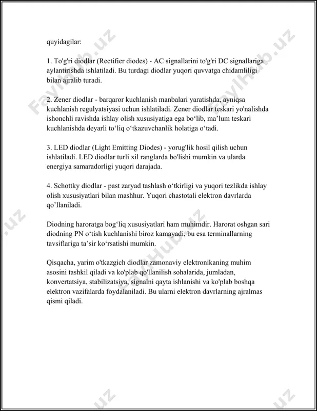 10 kilovattgacha bo'lgan qisqa muddatli quvvat impulslarini ham ushlab tura oladi. zener diodlar odatda telekommunikatsiya uskunalari, maishiy elektronika, kompyuter tizimlari va kuchlanish monitoring tizimlarida uchraydi. ular aqsh, yevropa va osiyo bo'ylab sanoat miqyosida ishlab chiqariladi. 20 asrning ikkinchi yarmidan boshlab ishlab chiqarish hajmi va engillik tufayli zener diodlar elektron plaxta dizaynerlarining asosiy komponentlaridan biriga aylangan. zener diodni o'rnatish jarayonida diodning anodi va katodi muhim rol o'ynaydi. anod - bu diodning musbat uchi va katod uning manfiy uchidir. teskari polarizatsiyada zener diod katodini musbat elektr ta'minotiga ulab qo'yilganda, anod manfiyga ulanadi, natijada zener effekti yuzaga keladi. zener diodlar oqimi oshsa, ular kuchlanishni barqaror holda ushlab turishi lozim, ammo haddan tashqari yuklash ularning isishiga olib kelishi mumkin. shuning uchun, zener diodlar bilan ishlaganda ulardan oqib o'tayotgan oqim va issiqlik tarqalishiga alohida e'tibor qaratish kerak. zener diodlarning ishlab chiqarishida dopantlar yoxud chiqarilgan materiallar yordamida yarimo'tkazgich zaxarli materiallar tomonidan yaratilar, bu esa kerakli zener …