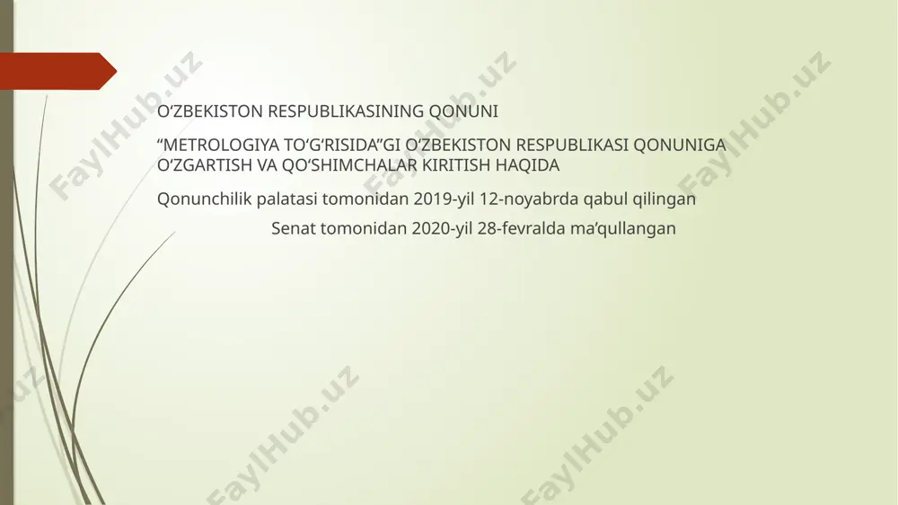 angan bo‘lsa, xalqaro shartnoma qoidalari qo‘llaniladi. (2-modda o‘zbekiston respublikasining 2021-yil 21-apreldagi o‘rq-683-sonli qonuni tahririda — qonunchilik ma’lumotlari milliy bazasi, 21.04.2021-y., 03/21/683/0375-son) 3-modda. asosiy tushunchalar ushbu qonunda quyidagi asosiy tushunchalar qo‘llaniladi: metrologiyaga oid faoliyat — o‘lchashlarning yagona birlikda bo‘lishini ta’minlash, o‘lchash uslublari va vositalari, shuningdek talab qilinadigan aniqlikka erishish usullari bilan bog‘liq bo‘lgan faoliyat; metrologik kuzatiluvchanlik — o‘lchash natijasining hujjatlashtirilgan uzluksiz kalibrlashlar ketma-ketligi orqali etalonga bog‘lash mumkin bo‘lgan xossasi; metrologik ekspertiza — o‘lchashlarning yagona birlikda bo‘lishi bilan bog‘liq metrologik talablar, qoidalar va normalarni qo‘llash to‘g‘riligi hamda to‘liqligini baholash va tahlil qilish bo‘yicha tashkiliy-huquqiy ishlar majmui; sinov vositasi — sinovlar o‘tkazish uchun mo‘ljallangan, normalangan texnik tavsiflari bo‘lgan texnik qurilma, modda va (yoki) material; standart namuna — metrologik attestatsiya natijasida modda (material)ning xossasi yoki tarkibini tavsiflaydigan bitta yoki undan ortiq qiymatlari aniqlangan shu modda (material) namunasi shaklidagi o‘lchash vositasi; etalon — muayyan kattalik birligining o‘lchamini boshqa o‘lchash vositalariga o‘tkazish maqsadida uni qayta hosil …