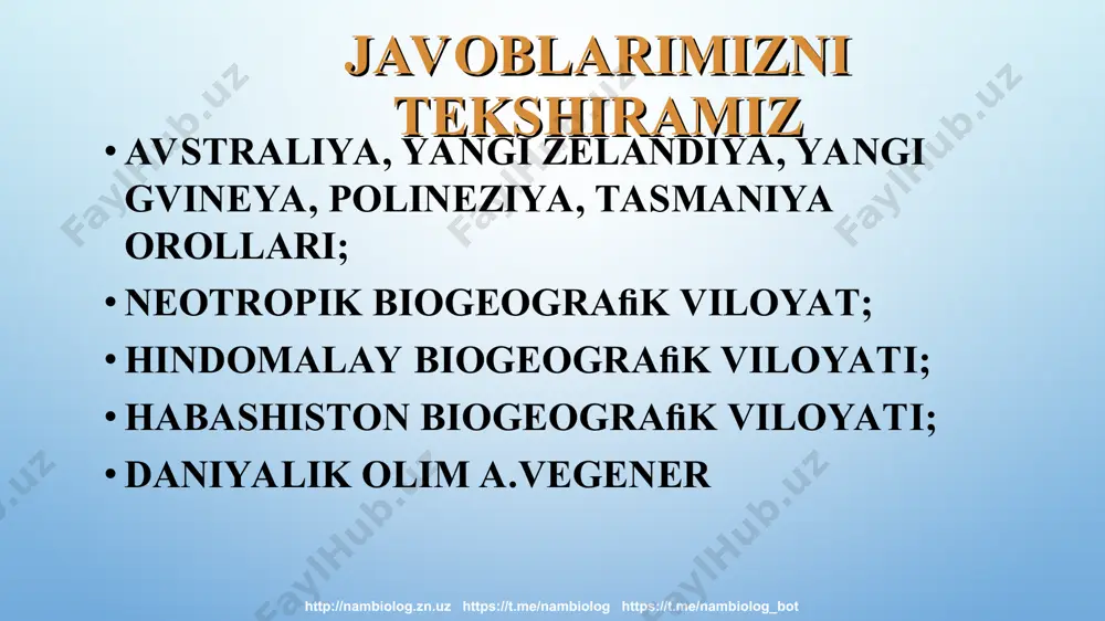 a o‘zgarishlari natijasida yuzaga keladigan evolutsiyadir. har xil turlarning bir xil genlarida o‘xshash mutatsiyalar paydo bo‘lishi parallelizmga sabab bo‘ladi. http://nambiolog.zn.uz https://t.me/nambiolog https://t.me/nambiolog_bot vavilov nikolay ivanovich parallelizm hodisasini n. i. vavilov irsiy o‘zgaruvchanlikning gomologik qatorlari qonunida tavsiﬂab beradi. mazkur qonunga muvoﬁq, bir-biriga qarindosh turlar irsiy o‘zgaruvchanlikning o‘xshash qatorlari bilan ta’riﬂanadi. shuning uchun o‘xshash belgilar bir-biriga qarindosh turlarda mustaqil – parallel holda hosil bo‘ladi. http://nambiolog.zn.uz https://t.me/nambiolog https://t.me/nambiolog_bot konvergent evolutsiya kelib chiqishi jihatidan uzoq guruhlar (kenja sinf, sinf, tip) organizmlarning o‘xshash belgilarga ega bo‘lishi bilan ifodalanadigan evolutsion o‘zgarish turi; evolutsion o‘zgarishlarning bunday tirida qarindosh bo‘lmagan turlarning o‘xshash tashqi muhit ta’siriga moslanishlari natijasi hisoblanadi; konvergent o‘zgarishlar aynan bir xil tashqi muhit omillari bilan bevosita bog‘langan organlarda yuz beradi. http://nambiolog.zn.uz https://t.me/nambiolog https://t.me/nambiolog_bot konvergent o‘xshashlik sistematik jihatdan bir-biridan ancha uzoq turgan guruhlarda ham kuzatiladi http://nambiolog.zn.uz https://t.me/nambiolog https://t.me/nambiolog_bot http://nambiolog.zn.uz https://t.me/nambiolog https://t.me/nambiolog_bot konvergent rivojlanishga akulalar (birlamchi suv hayvonlari), ixtiozavrlar va kitsimonlar (ikkilamchi suv hayvonlari) tana shaklining o‘xshashligini misol …