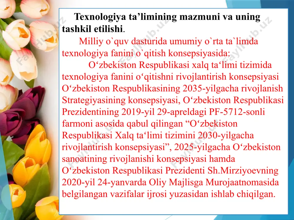 sanoat va texnologik tarmoqlari boʻyicha jahonda yetakchi davlatlardan biriga aylanishiga zamin yaratishda muhim shartlardan biridir. mehnat ta’limi dasturi talablarini bajarishda, mavzuga oid bilim berishda, malaka va ko‘nikmalarni shakllantirishda o‘quvchilarga ma’lum hajmdagi politexnik bilimlar beriladi. boshlang‘ich politexnik bilim bilan qurollantirish o‘quvchilarga predmetni yasash, ishlov berilayotgan materialning xususiyatlari, texnologik o‘ziga xosliklari, materialga qo‘lda ishlov berilganda qo‘llaniladigan asbob-moslamalarning xususiyatlari, ulardan foydalanish qoidalari haqida ma’lumot berib boriladi. texnologiya oʻquv predmetining asosiy maqsad va vazifalari: umumtaʻlim maktablarida fanlarni oʻqitish jarayonida fan-texnika taraqqiyoti, injeneriya, matematika va kundalik hayot bilan bogʻlab oʻrganishning steam (science, technology, engineering, art and mathematics) yondashuvi taʻlim-tarbiya jarayonini tashkil etish dolzarb masaladir. steam zamon talablari asosida xalqaro miqyosda oʻquvchilarga taʻlim-tarbiya berishda umumtaʻlim fanlari boʻyicha fanlararo bogʻlanish va amaliy yondashuvni kuchaytirishga qaratilgan umumiy reja. steam oʻziga tabiiy fanlar, texnologiya, injenerlik, sanʻat, ijodkorlik, matematika fanlarining amaliy jihatlarini umumlashtirib integratsiyalashni nazarda tutadi. boshlang‘ich sinf o‘quvchilari bajarishi kerak bo‘ladigan amaliy ish turlari xilma-xildir, biroq mehnat malaka va …