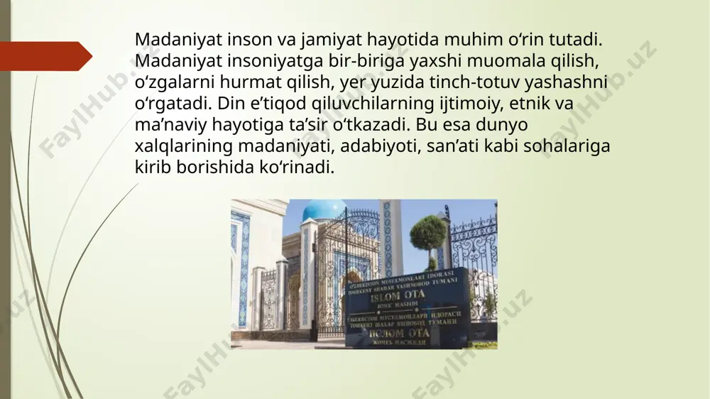 elganini aks ettiradigan ilmiy-tarixiy konsepsiyani ishlab chiqish va amalga oshirish; • markaz tarkibidagi kutubxona va arxiv, qo‘lyozmalar fondlarini bugungi o‘zbekiston zaminidan yetishib chiqqan buyuk alloma va mutafakkirlar, aziz-avliyolar, ular tomonidan asos solingan ilmiy va diniy maktablarga doir yurtimizda va chet ellarda saqlanayotgan qadimiy qo‘lyozma va toshbosma kitoblar, tarixiy dalil va hujjatlar, arxeologik topilmalar, osori-atiqalar, shu yo‘nalishdagi zamonaviy ilmiy-tadqiqot ishlari, kitob va to‘plamlar, video va foto hujjatlar hisobidan shakllantirish e’tiboringiz uchun rahmat!!! image1.jpeg image2.jpeg image3.jpeg image4.jpeg image5.jpeg image6.jpeg /docprops/thumbnail.jpeg