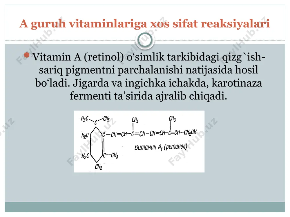 q moyi, b) anilin, v) konsentrlangan xlorid kislota. ishning bajarilishi: baliq moyidan 1 ml olib, ustiga 4-5 ml anilindan va 0,5 ml konsentrlangan xlorid kislotadan solinadi. probirka qaynaguncha qizdiriladi va 20-30 sekund qaynatiladi. natijada suyuqlik qizil rangga bo‘yaladi. vitamin e ga xos sifat reaksiyalari vitamin e (tokoferol) yuqori haroratga chidamli bo‘lib, nitrat kislota bilan oson oksidlanish xususiyatiga ega. u ultrabinafsha nurlari ta’sirida buziladi. tokoferollar antioksidant hisoblangan a vitaminini va karotinoidlarni oksidlanishdan saqlaydi. tokoferollar o‘simlik moylarida (soya, kungaboqar, kunjut, zig`ir va paxta moylarida) ko‘p bo‘ladi. undan tashqari ko‘pgina hayvon va o‘simlik maxsulotlari: tuxum, jigar, sut, sariyog`, mol go‘shti, karam, yeryong`oq, na’matak va oq smorodina tarkibida bo‘ladi. odamning tokoferolga bo‘lgan sutkalik extiyoji 10 mg dan 30 mg gachani tashkil etadi.  - tokoferol nitrat kislota bilan boradigan reaksiya kuchli oksidlovchilar, masalan konsentrlangan nitrat kislotasi bilan reaksiyaga kirishib, tokoferol tokoferilxinonga aylanadi. bunda qizil yoki sarg`ish-qizil rangli birikma hosil bo‘ladi. reaktivlar: a) e vitaminining …
