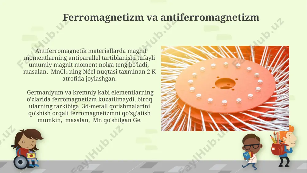 tiferromagnetizm kabi hodisalar, elektronlarning spinlari o'rtasidagi o'zaro ta'sir va ularning kristall panjaradagi tartibiga bog'liq. masalan, 300 k temperaturada mn ionlari magnit tartibini namoyon qiladi. magnit yarim oʻtkazgichlarning qoʻllanilishi magnit yarim oʻtkazgichlar, masalan, mn-zn ferritlari, yuqori chastotali transformatorlarda va induktiv qurilmalarda qoʻllaniladi, buning natijasida global bozorda 2023 yilda 5 milliard aqsh dollaridan oshiq daromad keltirilgan. yangi avlod magnit yarim oʻtkazgichlar, xususan, tokio universiteti tomonidan ishlab chiqilganlar, spintronik qurilmalarda, ya'ni 100 gts dan yuqori chastotalarda ishlaydigan yuqori samarali xotira qurilmalarini yaratishda ishlatilishi mumkin. magnit oʻtkazuvchanlik yarim oʻtkazgichlarning magnit oʻtkazuvchanligi, masalan, 300k haroratda germaniyda 10⁻⁶ emu/g atrofida boʻlib, qoʻshimcha elementlar qoʻshilishi bilan sezilarli darajada oʻzgaradi. magnit oʻtkazuvchanlikning qiymati, masalan, indoneziyada ishlab chiqarilgan kadmiy selenid namunalarida, oʻlchash usuli va namunalarning kimyoviy tozaligiga bogʻliq holda, 10⁻⁷ dan 10⁻⁵ emu/g gacha oʻzgarib turadi. e'tiboringiz uchun rahmat @taqdimot_robot image6.jpg image7.jpg image8.jpg image9.jpg image10.jpg image11.jpg image12.jpg image13.jpg image14.jpg image15.jpg image1.png