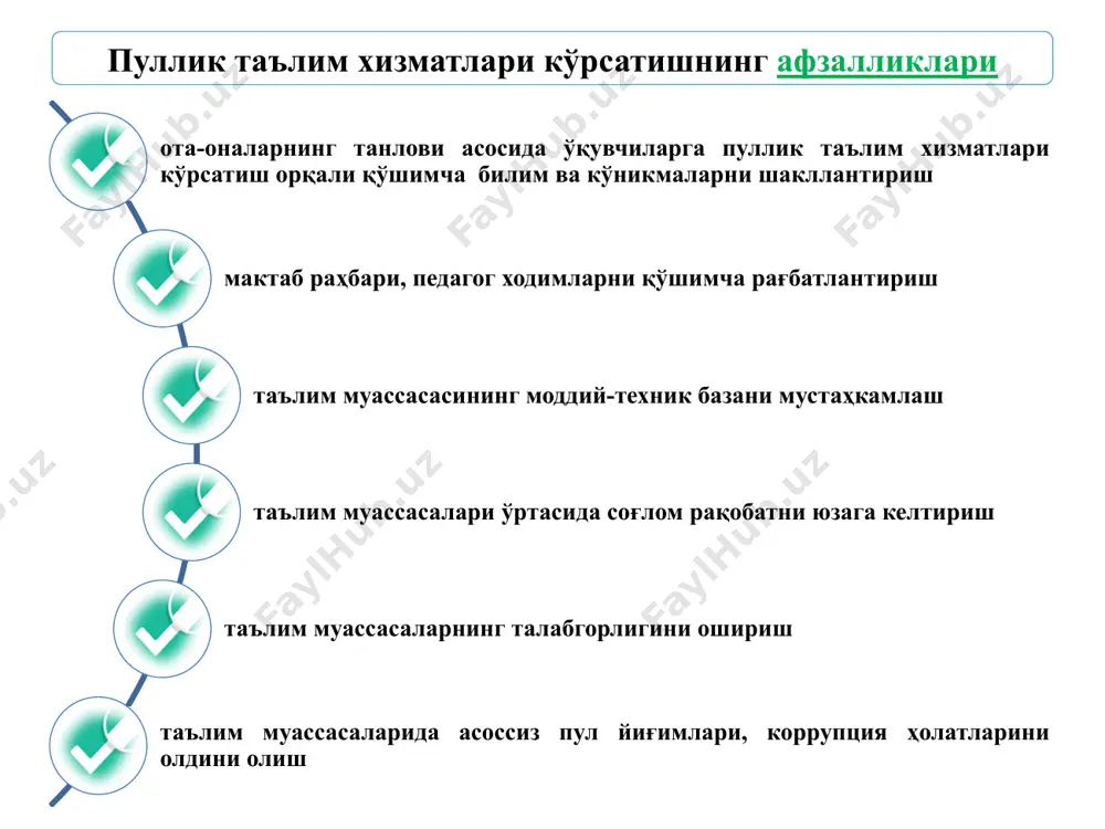 инг бир календарь ойи учун белгиланган тўлов миқдорини ўз вақтида банкка тўлайди ва тўлов ҳужжати нусхасини мактаб маъмуриятига такдим этади. vi босқич: кузатув кенгаши. ўқувчилар ва буюртмачилар ўртасида мактаб томонидан кўрсатилаётган пуллик таълим хизматлари сифатини аниқлаш мақсадида сўровнома ўтказиб боради. шартнома ота-она ўқитувчи шартнома ота-она банк тўлов сўровнома ҳисобчи учун иш ҳақи харажатлари (агар мавжуд бўлса) коммунал тўлов харажатлари моддий-техник таъминот харажатлари халқ таълими соҳасидаги ислоҳотларга кўмаклашиш жамғармаси учун (5%) фойда директорни рағбатлантириш мумкин (10%гача) ходимларни рағбатлантириш моддий-техник базани мустаҳкамлаш ва бошқа харажатлар ўқитувчининг иш ҳақи харажатлари тушум пуллик таълим хизматлари кўрсатишдан тушган тушумнинг тақсимланиши ўзбекистон республикаси халқ таълими вазирлиги ўзбекистон республикаси вазирлар маҳкамасининг “халқ таълими тизимидаги муассасаларнинг бюджетдан ташқари жамғармалари маблағларини шакллантириш ва улардан фойдаланиш тартиби тўғрисидаги низомни тасдиқлаш ҳақида” 2019 йил 22 апрелдаги 344-сон қарори асосида халқ таълими тизими муассасаларининг бюджетдан ташқари жамғармаларини шакллантириш ва улардан фойдаланиш тошкент-2019 бюджетдан ташқари жамғармаларни шакллантириш манбалари халқ таълими муассасаларининг кўчмас мол-мулкини …