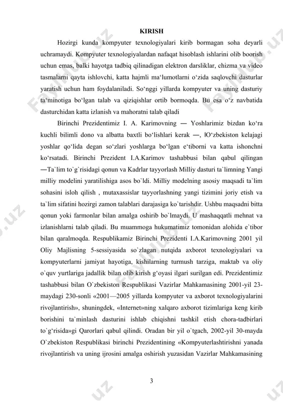 kommunikatsion texnologiyalardan foydalanish maqsadga muvoffiqdir. hozirgi zamon mutaxasislari, faoliyat doiralari qanday bo‘lishidan qat‘iy nazar informatika bo‘yicha keng ko‘lamdagi bilimlarga, zamonaviy hisoblash texnikasi, informatsion aloqa va kommunikatsiya tizimlari, orgtexnika vositalari va ulardan foydalanish borasida yetarli malakalarga ega bo‘lishi, hamda yangiinformation texnika va texnologiya asoslarini uning ertangi kuni, rivoji to‘g‘risidagi bilimlarni o‘zida mujassamlashtirgan bo‘lishi kerak. zamonviy hisoblash texnikasi va informatsion texnologiyalarning kun sayin rivojlanib, jamiyatning esa tobora informatsiyalashib borishi sababli, uzluksiz ta‘lim tizimining o‘rta va yuqori bosqichlariga informatika, ishlab chiqarish va boshqarish jarayonlarini kompyuterlashtirish bo‘yicha bir qator o‘quv fanlarikiritilgan. yigirmanchi asr o‘rtalariga kelib tezkor mashina mexanizmlaridan foydalana boshlandi. murakkab texnika va texnologiyalar o‘ylab topildi. ko‘pgina masalalarni hal qilish jarayonida axborot hajmi behisob bir majmuaga aylandi, hamda bu axborotlarni yig‘ish va uzatish vositalarini yaratish, ularni vaqtida qayta ishlab, boshqarish uchun zarur bo‘lgan choralarni belgilab chiqish kerak bo‘ladi.ko‘pchilik vazifalarni bajarishda boshqarish jarayonini takomillashtirish, axborot tizimini joriy etish, mutaxassislarni kompyuterda ishlashga o`rgatish muhim ahamiyatga ega. …