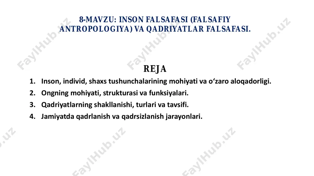 unda grekcha «antropos» iborasi — inson, grekcha «genezis» iborasi — ildizlar, manbalar, vujudga kelish ma'nolarini bildiradi, ya'ni «antropogenez» — insonning vujudga kelishi haqidagi masaladir. inson va jamiyatning vujudga kelishi, shakllanishi muammolari ilmiy tilda antroposotsiogenez muammosi deyiladi (lot: socialis — umumiy-ijtimoiy va genesis — kelib chiqish). falsafa insonni olamning tarkibiy qismi sifatida o`rganadi. inson shunday murakkab va ko`p qirrali mavjudotki, uning mohiyati yaxlit bir butunlik sifatida inson, shaxs, individ, individuallik tushunchalari orqali ifodalanadi inson: biologik xususiyatlar ijtimoiy xususiyatlar psixik xususiyatlar dinda inson tushunchasining ma’nosi • “inson” chuqur ma’noga ega tushunchadir. ulamolar uning uchta ma’nosini yozganlar: • 1. inson so‘zi arabcha “ .uns”dan olingan bo‘lib, uni “muhabbat” deydilar - انس • 2. inson so‘zi arabcha “ .nisyan”dan olingan bo‘lib, uni “unutuvchi”deydilar - نسيان • 3. inson so‘zi arabcha “ aanasa”dan olingan. “aanasa”ning ma’nosi - آنس “ko‘ruvchi” deganidir. • demak, inson so`zining uchta ma’nosi bor: • 1....muhabbat qo‘yuvchi. 2..... unutuvchi. 3..... ko‘ruvchi. • …