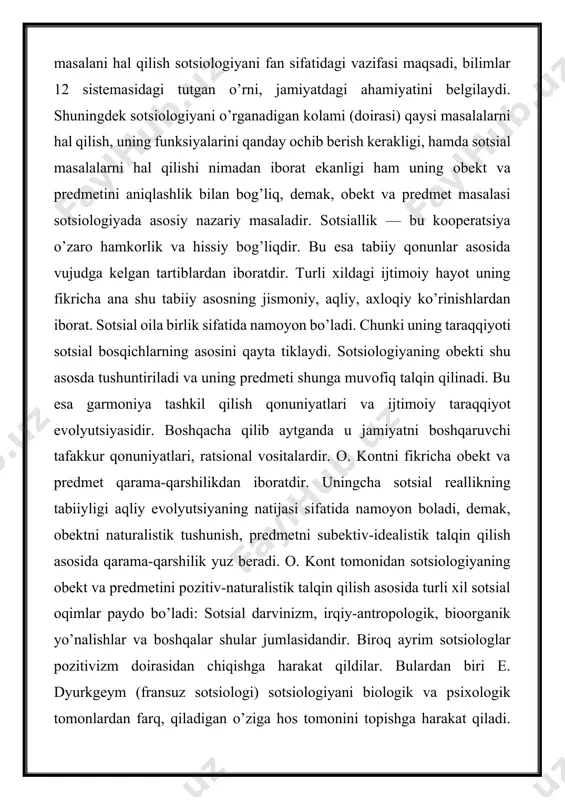 giyaning va sotsiologiyaning obektlari emasdir. fanning obekti bolib faqat hususiy qonuniyatlarga ega bo’lgan maxsus sohalargina mavjud bo’ladilar. fanlarning obektlari bir hil bo’lmaydi. yuqorida ko’rsatilib o’tilgan sohalar turli hil sotsial fanlarning obektlaridir. psixologiyaning obekti bevosita mehnat, turmush yoki oila emas, balki hissiy emotsional olam yoki xuddi shu sohalarda kechayotgan psixik jarayonlardir. iqtisodning obekti bu moddiy farovonlik, oilaning 11 turmush darajasi, yani turmush, oila munosabatlarining iqtisodiy aspektidir. demak fanlar o’rtasidagi farq; nafakat predmet sohasi bo’yicha, balki obekt bo’yicha hamdir. sotsiologiya fanini rivojlanish jarayonida uning obekti va predmeti ham o’zgarib takomillashib borayapti. obekt va predmet hamma vaqt birbirlari bilan uzviy bogliq chunki obekt mohiyatini tushunish fandagi asosiy masalalarni belgilaydi. mana shuning uchun sotsiologiya predmetini aniqlash masalasi uning obektni aniqlash bilan bog’liqdir. 1. siyosiy sotsiologiyaning fanlar tizimidagi orni sotsiologiya yangi fan sifatida o’zining programmasini elon qilingan davridan boshlab hozirgi zamon darajasiga qadar shunday katta yolni bosib otdi. hozirgi kunda sotsiologiya turli sohalarni sistemalashtirilgan bilim …