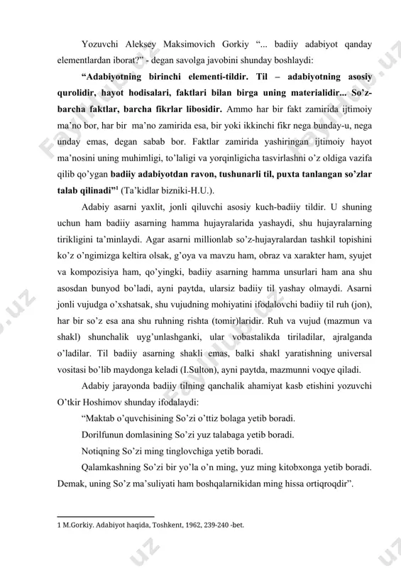 shakli emas, balki shakl yaratishning universal vositasi bo’lib maydonga keladi (i.sulton), ayni paytda, mazmunni voqye qiladi. adabiy jarayonda badiiy tilning qanchalik ahamiyat kasb etishini yozuvchi o’tkir hoshimov shunday ifodalaydi: “maktab o’quvchisining so’zi o’ttiz bolaga yetib boradi. dorilfunun domlasining so’zi yuz talabaga yetib boradi. notiqning so’zi ming tinglovchiga yetib boradi. qalamkashning so’zi bir yo’la o’n ming, yuz ming kitobxonga yetib boradi. demak, uning so’z ma’suliyati ham boshqalarnikidan ming hissa ortiqroqdir”. xo’sh, badiiy asar tilining o’ziga xos xususiyatlari, poetik dunyosi (yorqinligi, ifoda-tasvir qudrati, tirikligi...) sirlari qanday voqye bo’ladi? adabiyot – so’z orqali badiiy tasvirlash san’ati ekan, badiiy til, dastavval, obrazlilik xususiyati bilan namoyon bo’ladi, ya’ni hayotning jonli manzarasini yaratadi va ko’rsatadi. abdulla qahhorning “o’g’ri” hikoyasidagi quyidagi parchaga e’tibor beraylik: “kampir tong qorong’isida xamir qilgani turib ho’kizidan xabar oldi. o ! ... ho’kiz yo’q, og’il ko’cha tomondan teshilgan... dehqonning uyi kuysa kuysin, ho’kizi yo’qolmasin. bir qop somon, o’n-o’n beshta xoda, bir arava qamish-uy, …