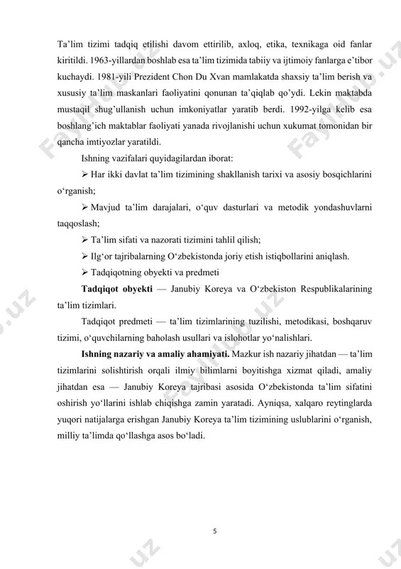 eya ta’lim tizimining asosiy tamoyillari quyidagilardan iborat: tenglik va imkoniyatlar berilishi: har bir bola, kelib chiqishidan qat’i nazar, sifatli ta’lim olish huquqiga ega. davlat maktablari bepul va barcha uchun ochiq hisoblanadi. maxsus ehtiyojli bolalar uchun ham alohida dasturlar mavjud. raqobatga asoslangan baholash tizimi: janubiy koreya ta’limi kuchli raqobatga asoslangan. o‘quvchilar yillik yakuniy testlar, davlat imtihonlari orqali baholanadi. bu tizim yuksak natijalarga erishishga undaydi, ammo stress darajasini ham oshiradi. ota-onalarning faol ishtiroki: koreya ta’limida ota-onalarning roli juda muhim. ular farzandlarining o‘qishidan doimiy xabardor bo‘lishadi, ko‘plab xususiy to‘garaklar va repetitorlik kurslariga jalb etishadi. texnologik yondashuv: darslarda interaktiv doskalar, onlayn platformalar, sun’iy intellekt asosidagi ta’lim dasturlari keng qo‘llaniladi. pandemiya davrida onlayn ta’lim tez va samarali joriy etilgani bu tizimning yuksak texnologik tayyorgarligidan dalolat beradi. o‘qituvchilar tayyorgarligi va obro‘si: janubiy koreyada o‘qituvchilik kasbi yuqori ijtimoiy maqomga ega. o‘qituvchilarni tayyorlash juda qat’iy tanlov asosida amalga oshiriladi, doimiy malaka oshirish tizimi joriy qilingan. innovatsiyalar va tadqiqotlar: …