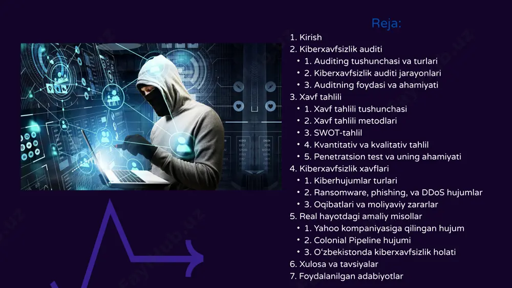 ilotning mijozlari yoki davlat tartib-qoidalari uchun muhim ahamiyatga ega. 3. muvofiqlik auditi: bu turdagi audit ma'lum xavfsizlik standartlari yoki qonuniy talablarni bajarilishini ta'minlash uchun mo‘ljallangan. muvofiqlik auditi iso 27001 kabi xalqaro standartlarga yoki gdpr kabi mahalliy qonunlarga muvofiqligini tekshiradi. auditing foydasi va uning ahamiyati kiberxavfsizlik auditi kompaniyalar va tashkilotlar uchun quyidagi afzalliklarni beradi: xavfsizlik holatini aniqlash: kiberxavfsizlik auditi orqali tashkilot o‘z xavfsizlik holatini to‘liq baholashi va zaifliklarni aniqlashi mumkin. hujumlarga tayyorgarlikni oshirish: audit xavfsizlikni mustahkamlash va tashkilotni turli hujumlarga tayyor qilish imkonini beradi. huquqiy talablarga rioya qilish: kiberxavfsizlik auditlari tashkilotning qonun va qoidalarga mos ravishda faoliyat yuritishini ta'minlaydi. mijozlar ishonchini oshirish: tashkilotning xavfsizlik choralarini mustahkamlash orqali mijozlar ishonchi oshadi. xarajatlarni kamaytirish: hujumlar oqibatidagi moliyaviy zararlarni kamaytirish uchun zaifliklarni vaqtida aniqlash va bartaraf etish imkonini beradi. xavf tahlil tushunchasi xavf tahlili – bu tashkilot yoki kompaniyaning kiberxavfsizlik tizimida mavjud bo‘lishi mumkin bo‘lgan xavflarni aniqlash va ularga qarshi chora-tadbirlarni ishlab chiqish jarayonidir. …