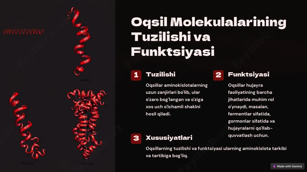 xususiyati glytsin eng kichik aminokislota alanin oqsillarni hosil qilishda ishtirok etadi valin mushaklarning rivojlanishiga yordam beradi translatsiya: mrnk'dan oqsil sintezi mrnk mrnk molekulasi ribosomalarga o'tadi va translatsiya jarayoni boshlanadi. trnk trnk molekulalari har bir aminokislotani mrnkdagi kodga mos keladigan o'ziga xos kodonni tanib oladi. peptid zanjiri trnk tomonidan keltirilgan aminokislotalar peptid bog'lanishi orqali bir-biriga bog'lanadi. post-translatsion modifikatsiyalar katlama oqsil molekulalari o'ziga xos uch o'lchamli shaklni hosil qilish uchun katlanadi. glikosilatsiya shakar molekulalari oqsilga qo'shilib, uning faoliyatini tartibga soladi. fosforilatsiya fosfat guruhlari qo'shilib, oqsilning faolligini o'zgartiradi. oqsil sintezini tartibga soluvchi mexanizmlar 1 transkripsiya faktorlari transkripsiya faktorlari dnkga bog'lanib, transkriptsiyani rag'batlantiradi yoki to'xtatadi. 2 mikrornk mikrornk mrnkga bog'lanib, uning translatsiyasini to'xtatadi. 3 oqsil degradasiyasi oqsillar proteazom tomonidan parchalanadi, bu esa oqsil kontsentratsiyasini tartibga soladi. oqsil biosintezidagi buzilishlar va kasalliklar genetik kasalliklar dnkdagi mutatsiyalar oqsil sintezi jarayonini buzib, kasalliklarga olib kelishi mumkin. oqsil agregasiyasi oqsilning noto'g'ri katlanishi agregatlarni hosil qilishi va hujayra faoliyatini …