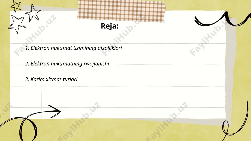 mli marketing bo'yicha yillik o'sish sur'ati 20% ni tashkil etadi. it konsalting xizmatlari mijozlar bazasini 15% oshirdi. loyiha boshqaruvi sohasida 50 dan ortiq muvaffaqiyatli loyiha amalga oshirilgan. karim xizmatlari ko'proq mijozlar jalb qilish uchun onlayn platformalar orqali xizmatlarini kengaytirmoqda. shuningdek, karimning xizmatlari yangi texnologiyalarni joriy qilish va raqamli transformatsiya bo'yicha maslahatlarni o'z ichiga oladi. bu xizmatlar ko'p tarmoqlarda mijozlarga samaradorlikni oshirish va xarajatlarni qisqartirishda yordam beradi. ... t.me/slaydai_bot 4. fuqarolar uchun elektron xizmatlarning qulayliklari fuqarolar uchun elektron xizmatlarning qulayliklari ko'p qirrali va samaralidir. hisob-kitoblarga ko'ra, elektron hukumat xizmatlaridan foydalangan aholining qariyb 85% qulaylik va tezlikni ta'kidlaydi. 2022 yilda 5 milliondan ortiq fuqaro davlat xizmatlarini elektron tarzda olgan. elektron xizmatlar orqali jarayonlar 60% ga qisqarib, hujjat to'ldirish vaqtini taxminan 40% ga tejashga imkon beradi. masalan, pasport olish yoki id karta rasmiylashtirish jarayoni oldingi 10-15 kun o'rniga elektron tizim orqali 3-5 kun ichida hal qilinmoqda. bu qulayliklar aholining kundalik hayotini soddalashtiradi va …
