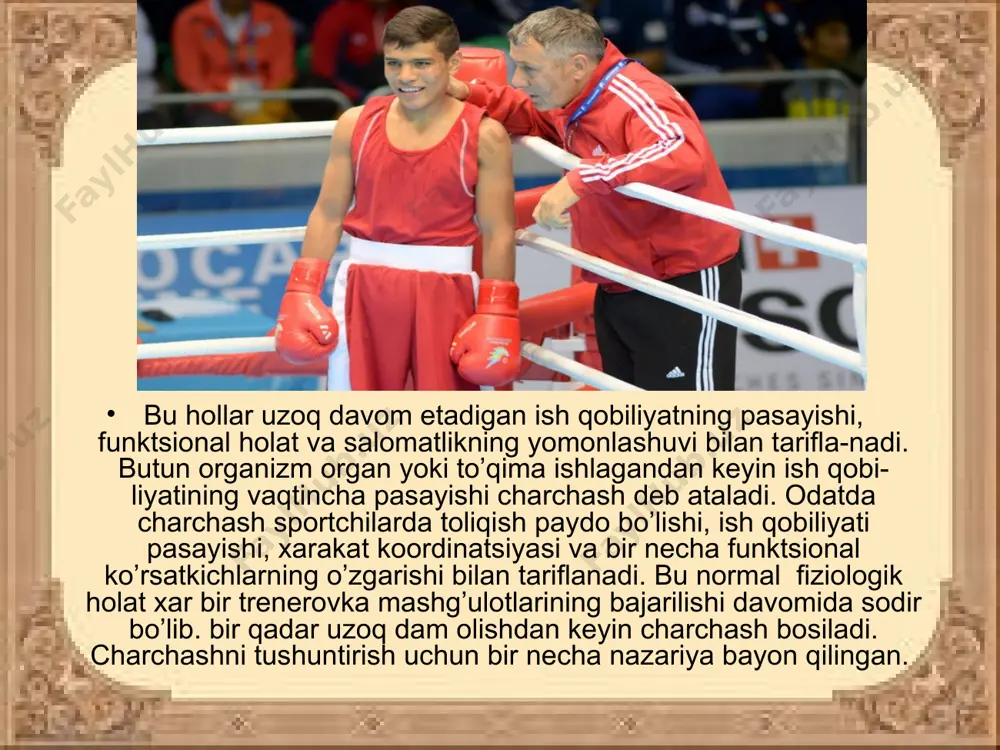 ning faoliyati natijasida zo’riqadi. bu qo’zo’alish va tormozlanish protsesslarining xaddan tashqari zo’riqishi tufayli sodir bo’lishi mumkin. zo’riqish davomida yurak faoliyati buziladi, organizmda vitaminlar (ayniqsa askarbin kislota) kamayib ketadi. o’z paytida uning oldi olinmasa o’ta zo’riqish bu esa o’tkir o’ta zo’riqishga o’tishiga sabab bo’ladi. o’ta zo’riqish natijasida odam o’lib qolishi ham mumkin. surunkali o’ta zo’riqishda esa ko’pincha yurakdagi o’zgarishlar bilan tariflanadi. keyingi yillarda sportchilar orasida miokard distrofiyasining soni oshib bormoqda. bu 1955 yildagi tekshirishlar 0,5 foiz tekshirilgan sportchilarda uchragan bo’lsa, xozirgi ma’lumotlargako’ra 10-12 foiz, yosh sportchilarda, masalan suzuvchilarda 30 foizgacha oshganligi ma’lum buldi. yurak qon -tomir sistemasi kasalliklari qon aylanish etishmovchiligi (yoki yurak qon etishmovchiligi) vujudga keladi. buning natijasida qon aylanish sistemasi organizmni etarli miqdorda qon bilan ta’minlay olmaydi qon aylanish etishmovchiligi natijasida qonning urishi va minutlik xajmi kamayib ketadi. arterial bosim kamayib vendz bosim esa oshadi, aylanayotgan qonning miqdori oshadi va qon aylanishda uning xarakat tezligi kamayib ketadi. bu kasallikning …