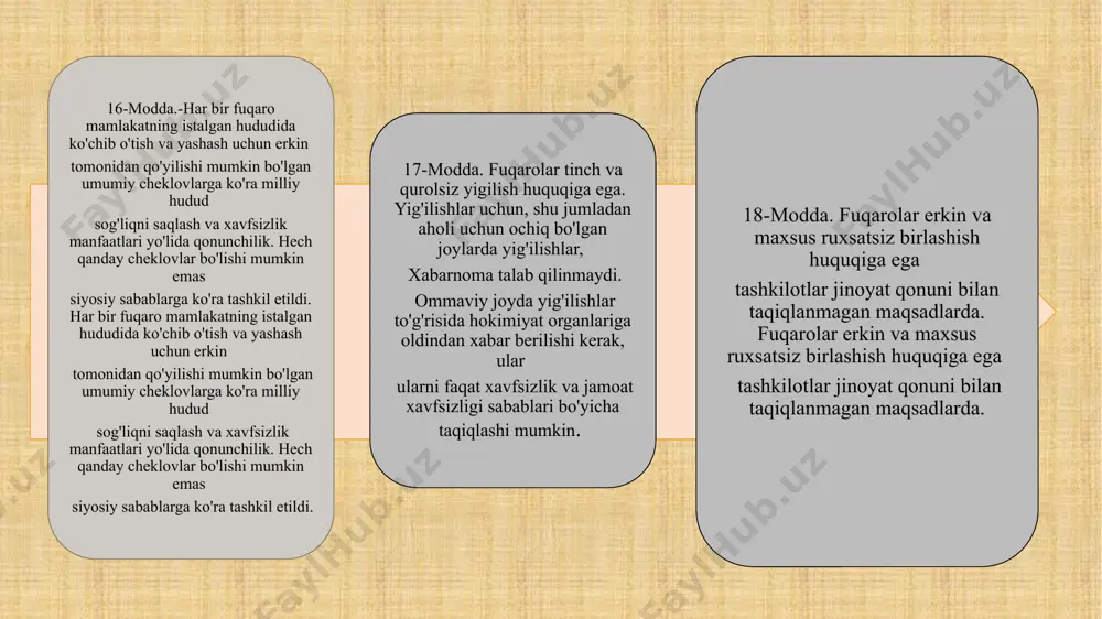 lgan hollardagina sodir bo'lishi mumkin xalqaro shartnomalar. hech qanday holatda siyosiy jinoyatlar uchun ekstraditsiya qilinmaydi. 27-moddajinoiy javobgarlik shaxsiydir. ayblanuvchi yakuniy ayblovga qadar aybdor deb hisoblanmaydi. jazolar insoniy his-tuyg'ularga zid chora-tadbirlardan iborat bo'lmasligi mumkin va bo'lishi kerak maqsadi sudlanganning qayta ta'limoʻlim jazosi qoʻllanilmaydi, faqat harbiy qonunchilikda koʻrsatilgan hollardan tashqari urush vaqtida. 28-modda. davlat va jamoat muassasalari mansabdor shaxslari va xodimlari uchun jinoiy, fuqarolik va ma'muriy qonunlar asosida bevosita javobgardir birovning huquqlariga zid ravishda sodir etilgan harakatlar. mazkur hollarda fuqarolik javobgarligini davlat va davlat muassasalariga ham tegishli. 29-modda. respublika oilaning huquqlarini nikohga asoslangan tabiiy birlashma deb tan oladi. nikoh turmush o'rtog'ining o'rnatilgan chegaralar doirasidagi ma'naviy-huquqiy tengligiga bog'liq. oilaning birligini ta'minlash to'g'risidagi qonun. 30-modda.ota-onaning qobiliyatsizligi holatida qonunda ularning vazifalarini bajarish tartibi belgilab qo'yiladi. qonun nikohdan tug'ilgan bolalarga huquqiy va axloqiy barcha himoyani ta'minlaydi .ota-onaning qobiliyatsizligi holatida qonunda ularning vazifalarini bajarish tartibi belgilab qo'yiladi. qonun nikohdan tug'ilgan bolalarga huquqiy va axloqiy barcha himoyani ta'minlaydi …