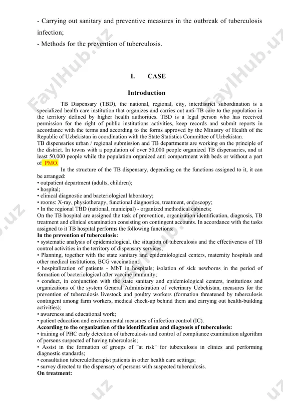 are working on the principle of the district. in towns with a population of over 50,000 people organized tb dispensaries, and at least 50,000 people while the population organized anti compartment with beds or without a part of рмо. in the structure of the tb dispensary, depending on the functions assigned to it, it can be arranged: • outpatient department (adults, children); • hospital; • clinical diagnostic and bacteriological laboratory; • rooms: x-ray, physiotherapy, functional diagnostics, treatment, endoscopy; • in the regional tbd (national, municipal) - organized methodical cabinets; on the tb hospital are assigned the task of prevention, organization identification, diagnosis, tb treatment and clinical examination consisting on contingent accounts. in accordance with the tasks assigned to it tb hospital performs the following functions: in the prevention of tuberculosis: • systematic analysis of epidemiological. the situation of tuberculosis and the effectiveness of tb control activities in the territory of …