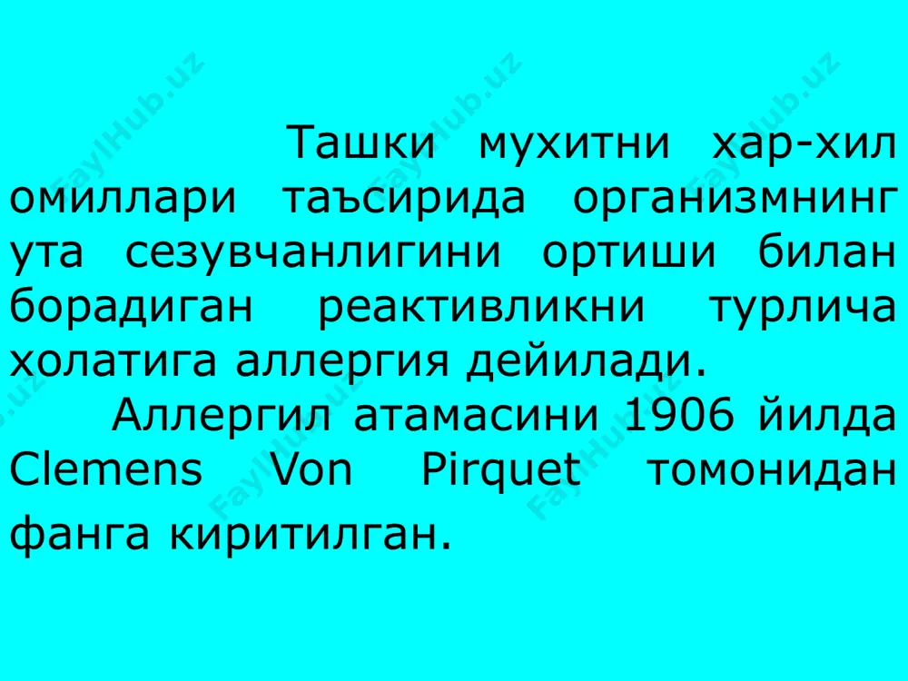 реакциялар cooke тезкор аллергик реакцияларга тери ёки системали нафас системаси, ошкозон ичак трактида антиген таъсиридан бир неча минут ёки соат утгандан сунг руй берадиган холатларни [теридаги торвок, бронхоспазм, кунгил айниши, кайт килиш, диарея спазмли огрик] киритган. туберкулинга парентрал йул билан юборилганда умумий системали реакциялар келиб чикиши мумкин - туберкулинли лихорадка - туберкулинли шок а.д.адо буйича аллергик реакциялар куйидагича табакаланган: сохта аллергик реакциялар ташки куриниши билан анафилактик шокни еки махаллий аллергик реакцияларни куринишига ухшайди, лекин ривожланиш механизмида, аллергик реакцияларни энг мухим ва етакчи жараени булиши -антиген +антитела реакцияси булмайди. сохта аллергик реакцияларга шварцман капилляр токсик феномени кириб, кон ивиш жараенларини бузилиши билан боглик булиб, капилляр ва прекапилляр томирларда тромб хосил булиши билан ва шикастланган тукимага кон куйилиши билан характерланади. химергик реакцияларда антиген+антитело комплекси организмнинг биологик суюкликлар сатхида руй бериб, тезкор утади. химергик реакцияларни ривожланиш механизмлари етакчи ролни антиген+антитело комплексини таъсири натижасида ажралиб чиккан биологик активлар ёки медиаторлар бажаради. китергик аллергик реакциялари …