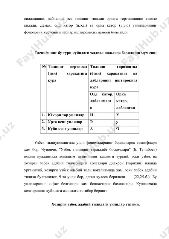 тарилиш урнига кура тил олди (олдинги катор) тил орка катор лабнинг холати ва иштирокига кура лабланма-ганлар лаблан-ганлар лабланма- ганлар лаблан-ганлар тилнинг кутарилиш ва огизнинг очилиш даражасига кура тор унлилар и ÿ ы у урта кенг унлилар э ( - о кенг унлилар э(а) - а, (а) рисоладан келтирилган бу маълумотларни (тасниф ва жадвални) куйидагича шархлаш мумкин: узбек адабий тили вокализми 6 унлидан иборат, аммо уларнинг нуткдаги реал куринишлари (демак, оттенкалари) анча куп. "уларни белгиларига кура жадвалда шундай курсатиш мумкин" дейилганда айни шу оттенкалар назарда тутилган булса керак. проф. м. миртожиевнинг "узбек тили фонетикаси" укув кулланмасида хам бу масала узгача ёритилган. унда тор унлиларга i,ь,и,ы,у, ÿ, урта кенг унлиларга э,е,о,o', кенг унлиларга эса э, а, ä, , товушлари киритилган. тилнинг ёнлама харакатига кура улар олд катор (i, и, ÿ, э, (, э) ва орка катор (ь,ы,у,о,а) типларга, лаб иштирокига кура эса лабланган (ÿ,у,(,о) ва лабланмаган (i,и,э,э) типларга булинган. бу таснифда русча …