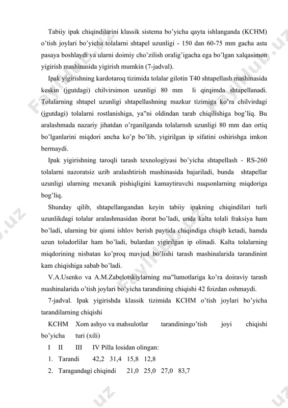 di. ipak yigirishning klassik usulida uzun tolalar uchun tishli silindrlar orasida tolani nazorat etuvchi taroq maydonli cho’zib tortuvchi priborli piliklash va yigirish mashinalaridan foydalanish ko’zda tutilgan. uzun tolalar uchun ishlangan bunday mashinalar murakkabligi va kam seriyaliligi va xom ashyo hajmini cheklanganligi tufayli keng qo’llanilmaydi. shuning uchun tabiiy ipak chiqindilarini yigirishga butun dunyoda 70 ga yaqin shtapel uzunligiga mo’ljallangan cho’zib tortuvchi priborli sun‟iy va sintetik tolalarni yigiruv dastgohlar moslashtirildi. bunday sharoitlarda 150 mm gacha uzunlikdagi tabiiy ipak tolasini qayta ishlashda cho’zuvchi juftlar oralig’i aniqlash muhim ahamiyatga ega. biz buni ikki zonali cho’zish, tortish priborida ideal tolaning harakat sharoitini tekshirish payi quyidagicha faraz qilib ko’rsatamiz: -tolaning to’g’ri chiziqiyligi va uning harakat yo’nalishi bo’ylab mo’ljal bilan qat‟iy yo’nalishi; -tolalarning qisilishi to’qnashuv (kontakt) nuqta sodir bo’ladi, bunda sirg’alib chiqib-ketishi imkon bo’lmaydi. uzun tolalar harakatini vr-2m cho’zib-tortish uskunasida (9-rasm) ko’ramiz. 9-rasm. cho’zuvchi uskunada tolalar harakati bu asbobning orqa tasmasiz zonasi qismini cho’zilish e1 ≥ 2 …