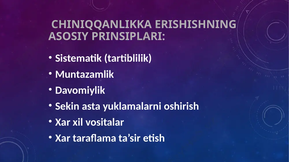 ашда, аъзоларни нормал фаолиятини саклашда, хар хил касалликлар хавф солганда кулланадиган актив услубларда биридир. гигиеник массаж купрок умумий массаж усулида кулланилади. бундай массажнинг ёки бир тури косметик массаждир. спортли массаж спортсменларини умумий функционал холатини яхшилаш, иш кобилиятини ошириш, травмани олдини олиш учун кулланади нуктали массаж муайян аъзо ёки тизим билан боғлиқ рефлексоген соҳа-терини чегараланган бир қисми механик таъсирланади. узини массаж килиш травмалар ва харакат таянч аппарати касалликларида комплекс даволаш билан биргаликда олиб берилади сегментар- рефлектор массаж тери юзасидаги рефлектор соҳаларига таъсир қилувчи учун. асосан орқа-мия сегментларига таъсир қилади, тери рецепторларини кўзғатади массаж усуллари силаш ишкалаш укалаш кокиш вибрация тонусни мейерлантирувчи таъсир тинчлантирувчи таъсир силаш тери нафас олиши яхшиланиши тери трофикаси яхшиланиши тери-мушаклар тонуси кучайиши, кискариш функциялари яхшиланиши тери эластиклиги ва таранлиги купайиши терини секретор фаолияти кучайиши ички органларга ва тукималарга рефлектор таъсир этиш нерв толаларни кузгалишини купайиши камайиши ишкалаш тукималарга артериал кон окимини тезлиги купайиши конга туйиниши купайиши тукималарни озиклан-тиришни …