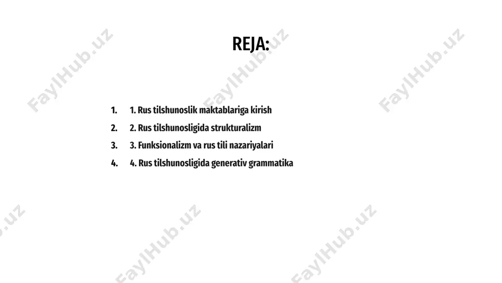 bu yondashuv tilning murakkab tomonlarini tahlil qilishga yordam beradi. 02 rus tilshunoslik maktablarida generativ grammatikani o'rganish rus tilining ichki tuzilishi haqida qimmatli tushunchalarni beradi va uning o'ziga xos xususiyatlarini tushunishimizni oshiradi. 03 4. rus tilshunosligida generativ grammatika 5. rus tilini o'rganishda sotsialingvistik yondashuvlar rus tilini tadqiq qilishda sotsiolingvistik yondashuvlar til va jamiyat o‘rtasidagi munosabatlarga, tilning turli ijtimoiy sharoitlarda qo‘llanilishini o‘rganishga qaratilgan. 02 ushbu sohadagi tadqiqotchilar rus tilida so'zlashuvchi jamoalardagi til o'zgarishi va o'zgarishini o'rganadilar, sinf, jins va etnik kelib chiqishi kabi ijtimoiy omillar tildan foydalanishga qanday ta'sir qilishini tahlil qiladilar. 03 rossiyadagi til mafkuralari va til siyosatini o'rganib, sotsiolingvistik olimlar til, o'ziga xoslik va kuch o'rtasidagi murakkab o'zaro ta'sirni yoritib berishadi. 01 1 2 3 rus tilshunoslik maktablarini o'rganish til tahlili va tadqiqotlaridagi o'zgaruvchan tendentsiyalarni aks ettiruvchi sohadagi zamonaviy o'zgarishlarga qaratilgan. zamonaviy rus tilshunoslik maktablari kognitiv fan, psixolingvistika va hisoblash tilshunosligidan olingan tushunchalarni o'z ichiga olgan fanlararo yondashuvlarga urg'u beradi. …