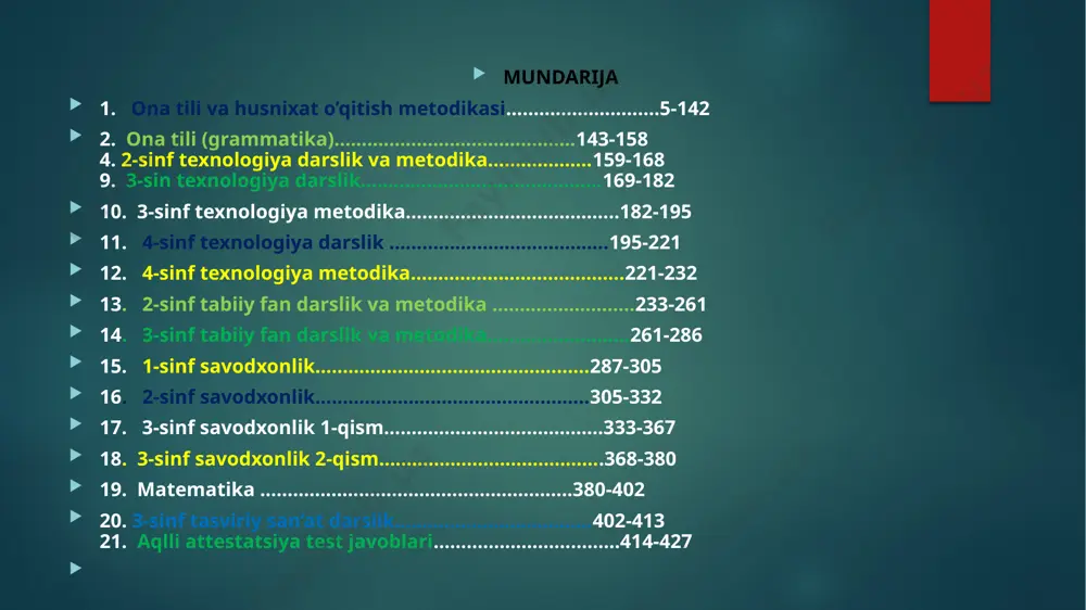 uv diktant yozadi? a. 40-50 so’z b. 30-40 so’z c. 35-45 so’z (a1+) 791. 3-sinf o’quvchilari nechta so’zli tekshirish diktanti yozadi? a. 40-50 so’z b. 50-60 so’z c. 55-65 so’z (a1+) 792. 4-sinf o’quvchilari nechta so’zli tekshiruv diktant yozadi? a. 55-60 so’z b. 70-75 so’z (a1+) c. 65-70 so’z 793. 2-sinf o’quvchilariga bayon yozish uchun nechta so’zli matn tanlanadi? a. 15-20 so’z b. 30-40 so’zli c. 70-90 so’z so’z b. gap c. fonetika d. so’zning morfemik tarkibi va gap 785. 3-sinfda nimani o’rganish muhim hisoblanadi? 788. badiiy asar matni ustida ishlashning eng samarali turi qaysi? a. tanlab o’qish d. asar rejasini tuzish b. o’quvchilarni savol tuzishga o’rgatish c. matnni tasvirlash 800. 2-sinf o’quvchisi audio matn(yoki matn), rasm asosida shaxs yoki ma’lum voqea-hodisani tasvirlab, sarlavha qo’yib nechta gapdan iborat matn tuzib yoza oladi? d.7-8 gap a. 3-4 gap b. 4-5 gap c. 5-6 gap e’tiboringiz uchun tashakkur! ushbu qo’llanma ma’lumotlaridan dars …