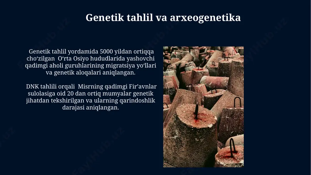 madaniy merosni himoya qilish mumkin. suv osti arxeologiyasida zamonaviy texnologiyalar qashqadaryo viloyatidagi archaelogik joylarda georadar texnologiyasi yordamida 5 metr chuqurlikdagi yer osti tuzilmalari aniqlandi va ularning joylashuvi 20x30 metrlik hududda xaritalandi, bu esa qazish ishlarini samarali rejalashtirish imkonini berdi. xorazm viloyatidagi archaelogik ob'ektlarni oʻrganishda giper spektral tasvirlash texnologiyasi orqali 100 dan ortiq oʻsimlik va tuproq namunalarini tahlil qilish natijasida, 5-asrga oid aholi punktining qoldiqlarini aniqlashga erishildi. zamonaviy uskunalarning arxeologiyadagi roli zamonaviy 3d skanerlar, masalan, leica scanstation p50, arxeologik qazishmalarni 10 sm aniqlikda 3 o'lchovli raqamli modellarini yaratishga imkon beradi, bu esa pompeydagi kabi yirik joylarda tafsilotlarni aniqlashga yordam beradi. geofizik uskunalar, jumladan, yer osti radarlari (gpr) va magnitometrlar, misrning giza piramidalarida joylashgan sirli xonalarni topishga yordam berdi, ularning 200 dan ortiq tuzilmalari taxminan 100 metr chuqurlikka qadar aniqlangan. ground penetrating radar (gpr) texnologiyasi 2015-yilda peru and tog'larida gpr skanerlari qo'llanib, 5000 yildan ortiq tarixga ega bo'lgan inca davriga oid yo'llar …
