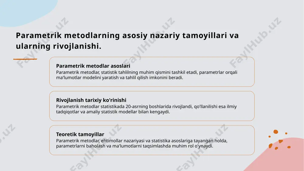 dlar muvaffaqiyatli qo'llanilmoqda. 3 ta'limda qo'llanish - o'zbekistondagi universitetlarda parametrik tahlil usullari statistik tadqiqotlar, iqtisodiy nazariyalar va amaliyotda o'qitish jarayonida muhim o'rin egallaydi. o'zbekistonda parametrik usullar: nazariy asoslar va amaliy qo'llanilishi. nazariy asoslar o'zbekistonda parametrik usullar statistik tahlil va modellashtirishni yanada samarali qilish uchun kuchli nazariy asosga ega. ular sodda va aniq parametrlar orqali ma'lumotlarni tahlil qiladi. amaliy qo'llanilishi parametrik usullar o'zbekistonda iqtisodiy tadqiqotlar, ijtimoiy soha va muhandislikda keng qo'llaniladi, bu esa natijalarni aniq va ishonchli qiladi. ta'limdagi roli o'zbekistonda universitetlarda parametrik metodlarning ta'limi, talabalarni statistik modellarni yaratishga va tahlil qilishga tayyorlashda muhim ahamiyat kasb etadi. moliya va iqtisodiyotda parametrik usullarni qo'llash misollari. 1 moliya tahlili parametrik usullar moliya tahlilida risklarni baholash va investitsiya strategiyalarini ishlab chiqishda muhim rol o'ynaydi, xususan, capm modeli orqali. 2 iqtisodiy modellar parametrik usullar iqtisodiy modellarni yaratishda qo'llanilib, iqtisodiy o'zgarishlarni prognozlash va iqtisodiy siyosatni baholashda samarali natijalar beradi. 3 o'zbekiston misollari o'zbekistonda parametrik usullar, masalan, …