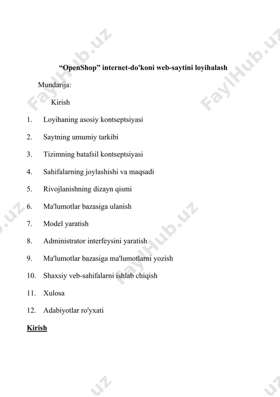hsulotlarga qiziqqan potentsial xaridorlar toifasi mavjud. ushbu toifani veb-saytni loyihalashda qo'llanma sifatida ishlatmoqchiman. endi, aksariyat onlayn-do'konlarda buyurtma bo'yicha onlayn hamyonlardan foydalangan holda tovarlarni to'lash usuliga e'tibor qaratilgan. bu shubhasiz qulay xizmat, ammo har bir foydalanuvchi buzilish ehtimoli tufayli bunday hamyonni yaratishni xohlamaydi, shuningdek buyurtma haqiqati uchun pul to'laydi. shuning uchun, mening qarorim tovarlarni qabul qilgandan keyin kurerga naqd pul to'lashga yo'naltirilgan do'kon yaratish edi. ushbu to'lov usuli mijoz tomonidan tovarlarni qabul qilishni kafolatlaydi va ko'pchilik odamlar tomonidan odatda qabul qilinadi. internet-do'konning web-sayti asosan mijozga yo'naltirilgan tizimdir. u mahsulotlarni ko'rish, mahsulotlarni oson qidirish, shuningdek mahsulotlarga buyurtma berishda soddaligi va qulayligi bo'yicha xizmatlarni ko'rsatishi kerak. shu bilan birga, tizim do'kon xodimlariga yo'naltirilgan bo'lishi kerak va yangi kelganlar, buyurtmalar va sotuvlarga e'tibor berish kerak. shuni ta'kidlash kerakki, do'kon xodimlari har doim ham malakali dasturchilar emas. kurs ishining maqsadi qulaylik, xavfsizlik va intuitiv interfeysni ta'minlaydigan, shuningdek do'kon xodimlarining xatosiz va yaxshi tashkil etilgan ishlarini …
