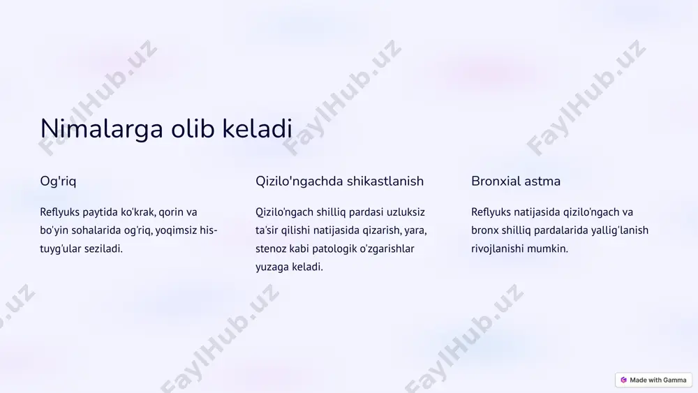 ladi. qorinda uxlash yotishda uyqu paytida qorin tepasida bo'lish reflyuks belgilarini kuchaytiradi. ovqatlanish tartibi bir martagacha ozroq iste'mol qilish, kechki ovqatlarni yengillashtirish foydali. 7 xulosa gastroezofagial reflyuks kasalligi turli xil sog'liq muammolariga olib kelishi mumkin. kasallikni erta aniqlash va to'g'ri davolash katta ahamiyatga ega. 8 image1.png image2.png image3.png image4.png image5.png image6.png image7.png image8.png image9.png image10.png image11.png image12.png image13.png