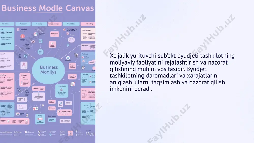 tashkilotning faoliyatidan olingan pul mablag'lari xarajatlar tashkilotning faoliyatini amalga oshirishga sarflanadigan pul mablag'lari moliyaviy natijalar daromadlar va xarajatlar o'rtasidagi farq xo'jalik yurituvchi sub'ekt byudjetini shakllantirish tamoyillari byudjetni shakllantirishda maqsadga muvofiqlik, aniqlik va samaradorlik tamoyillari qo'llaniladi. maqsadga muvofiqlik byudjet tashkilotning maqsadlari va vazifalariga mos bo'lishi kerak. aniqlik byudjetda ko'rsatilgan ma'lumotlar aniq va tushunarli bo'lishi kerak. samaradorlik byudjet tashkilotning resurslarini samarali taqsimlashga yordam berishi kerak. xo'jalik yurituvchi sub'ekt byudjetini shakllantirish jarayoni byudjetni shakllantirish jarayoni ma'lumotlarni to'plash, tahlil qilish, byudjetni tuzish va uni tasdiqlash bosqichlaridan iborat. 1 ma'lumotlarni to'plash tashkilotning o'tgan davr moliyaviy faoliyati haqida ma'lumotlar to'planadi. 2 tahlil qilish to'plangan ma'lumotlar tahlil qilinadi va kelajakdagi moliyaviy faoliyat haqida prognoz beriladi. 3 byudjetni tuzish tahlil natijalariga asoslanib, byudjet tuziladi. 4 tasdiqlash byudjet tashkilotning rahbariyati tomonidan tasdiqlanadi. xo'jalik yurituvchi sub'ekt byudjetining iqtisodiy tahlili byudjetni iqtisodiy tahlil qilish tashkilotning moliyaviy faoliyatini baholashga yordam beradi. daromadlar xarajatlar moliyaviy natijalar daromadlarning dinamikasi xarajatlarning tarkibi rentabelilik daromadlarning manbalari …